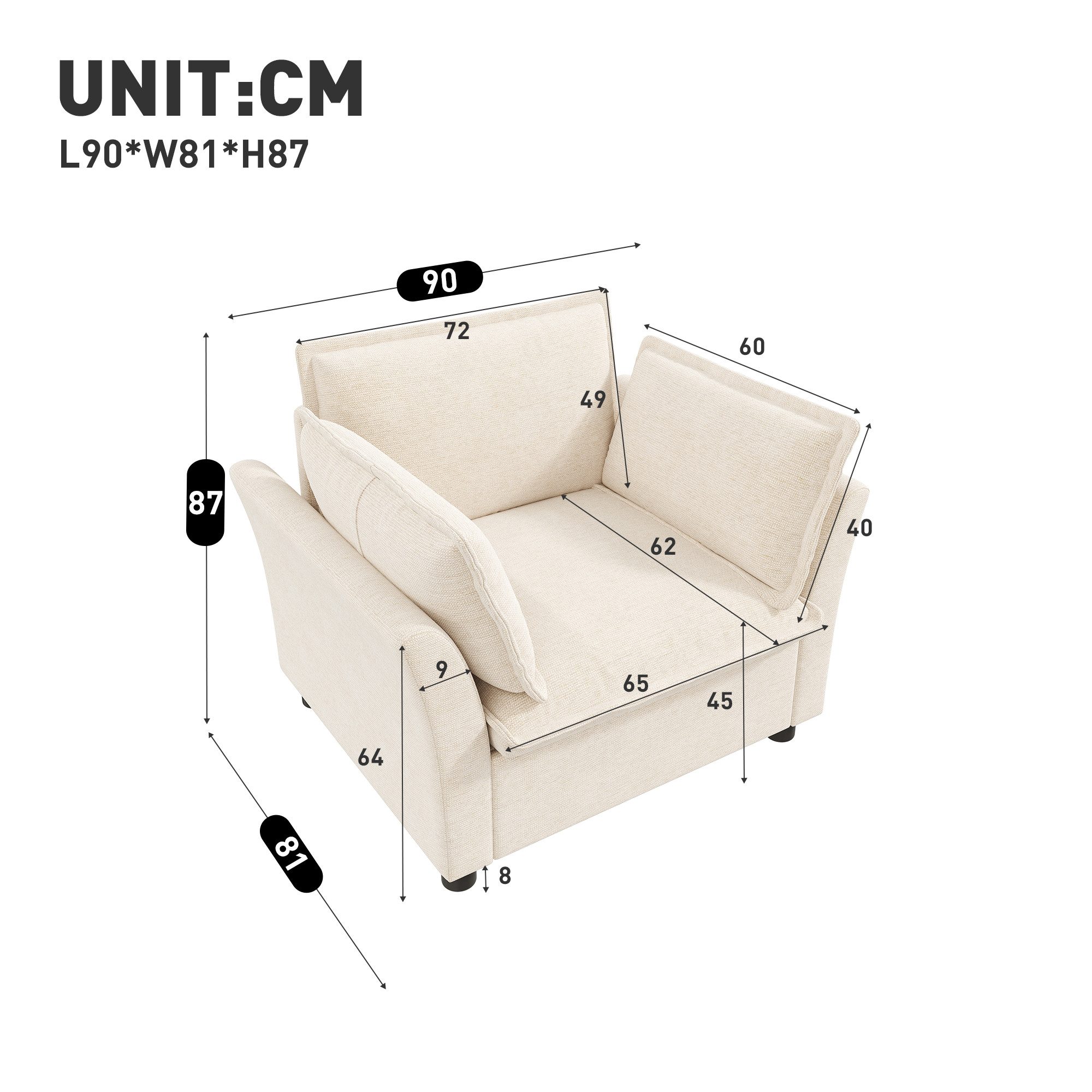 Merax Sessel moderner Relaxsessel aus Chenille (90×81×87 cm, 1-St), Einzel-Sessel mit Armlehnen & Kissen, Lounge- & Lesesessel – Bild 4 von 5