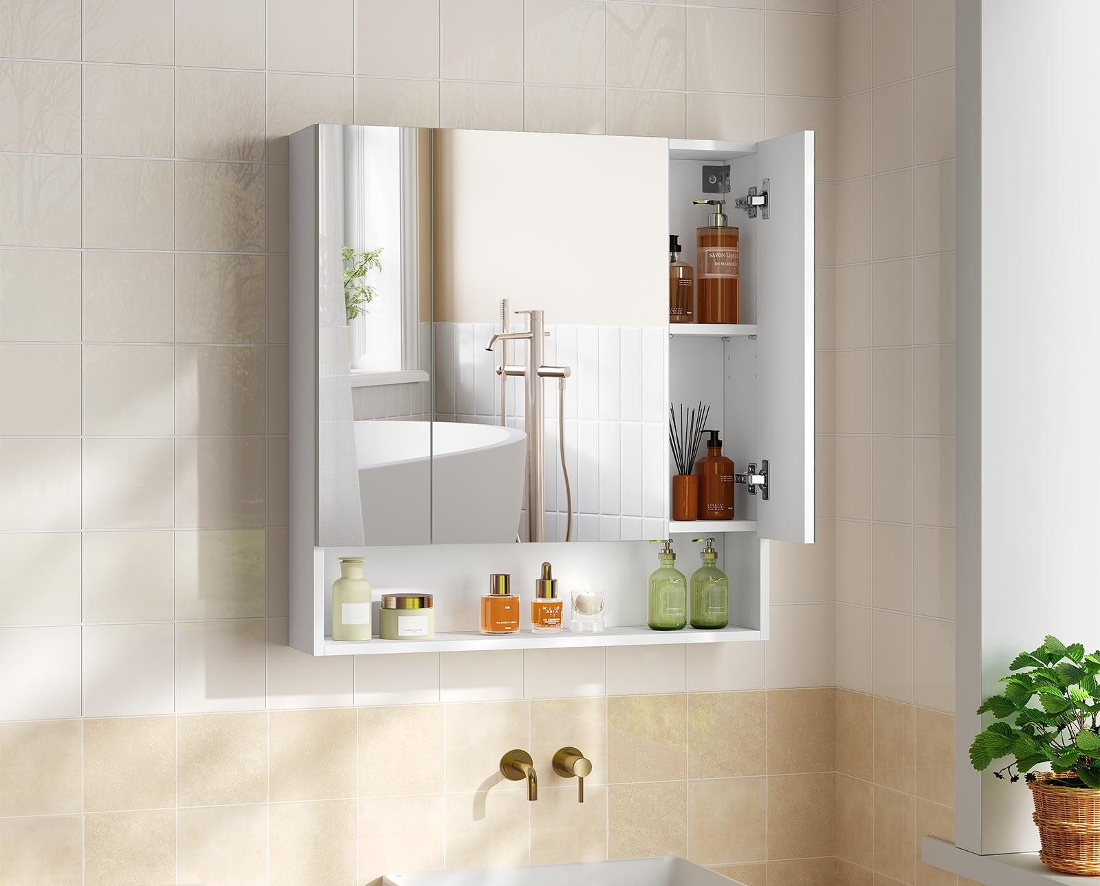 VASAGLE Spiegelschrank Badschrank Breite 70-90cm, mit 3 Türen, offenes Fach günstig online kaufen