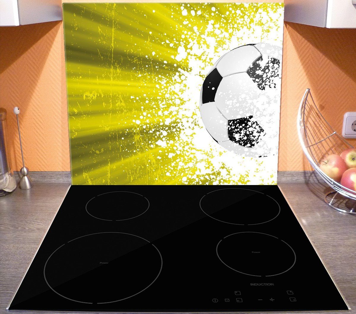 Fußball inkl. 1 - Splashing Größen tlg., in (Glasplatte, Wallario verschiedene Design ESG-Sicherheitsglas, Herd-Abdeckplatte Noppen), 5mm gelb,