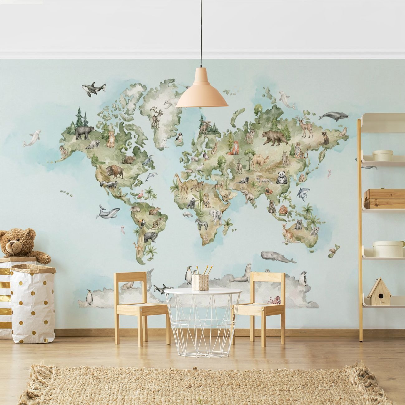 Bilderdepot24 Kindertapete Aquarell Weltkarte Tiere Kinderzimmer Lernkarte Atlas, Glatt, Matt, (Vliestapete inkl. Kleister oder selbstklebend), geruchsfreie Tapete Kinderzimmer