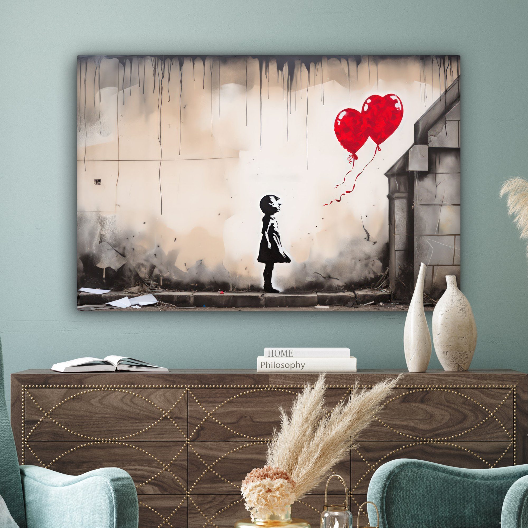 - Luftballons für - großes, Mädchen Wandbild 120x80 Grau, Leinwandbild Herz Wohnbereiche, Gemälde, Kunst (1 - alle St), OneMillionCanvasses® XXL, cm -