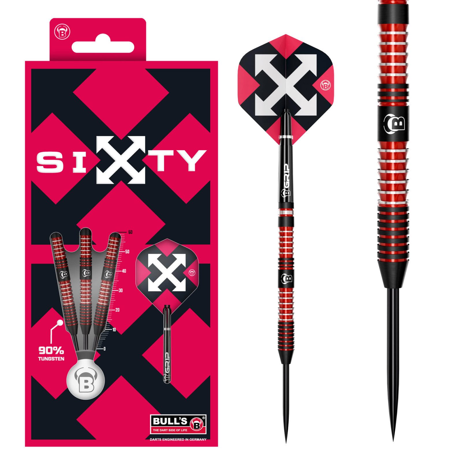 Dartpfeil Steeldart Bull's, Sixty S1, 90% Tungsten, 21g., Rot schwarz