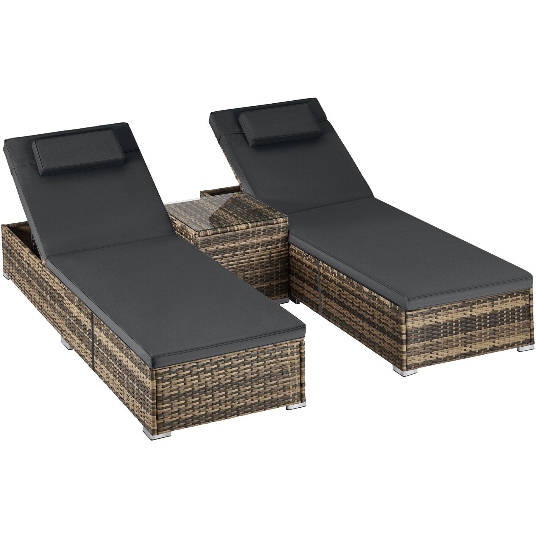 tectake Gartenliege Rattan-Doppelliege mit Tisch, mit abnehmbaren Kopfpolstern, Sonnenliege Carbonera, 1 St., in natur, wetterfest und UV-beständig, Belastbarkeit je 200 kg, verstellbar
