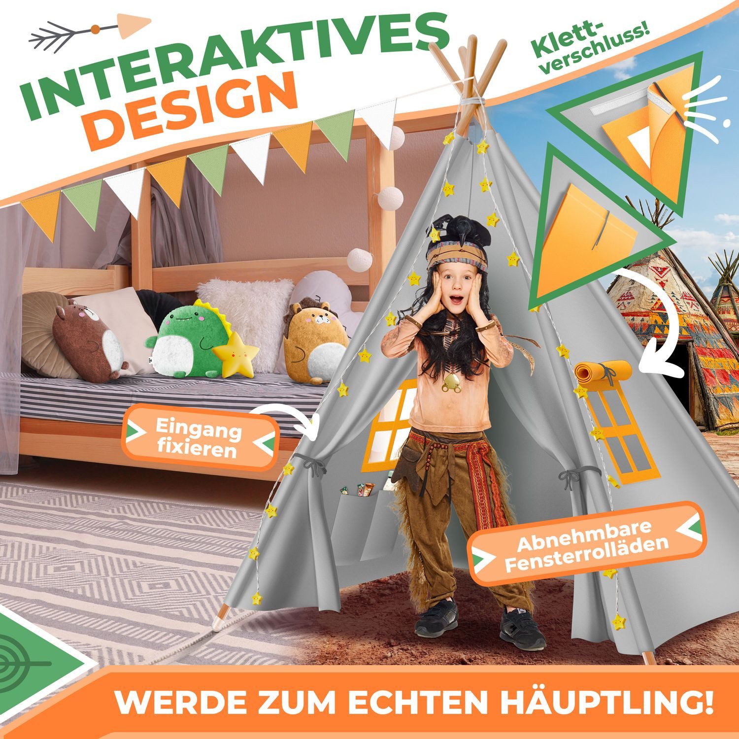 KIDIZ Spielzelt Tipi Zelt für Kinder aus Baumwolle 100x100x160cm Kinderzelt (LED-Lichterkette, Leuchtstern, Girlande, 3 Plüschtiere, Matte & Tasche) Spielhaus für drinnen & draußen Tipizelt