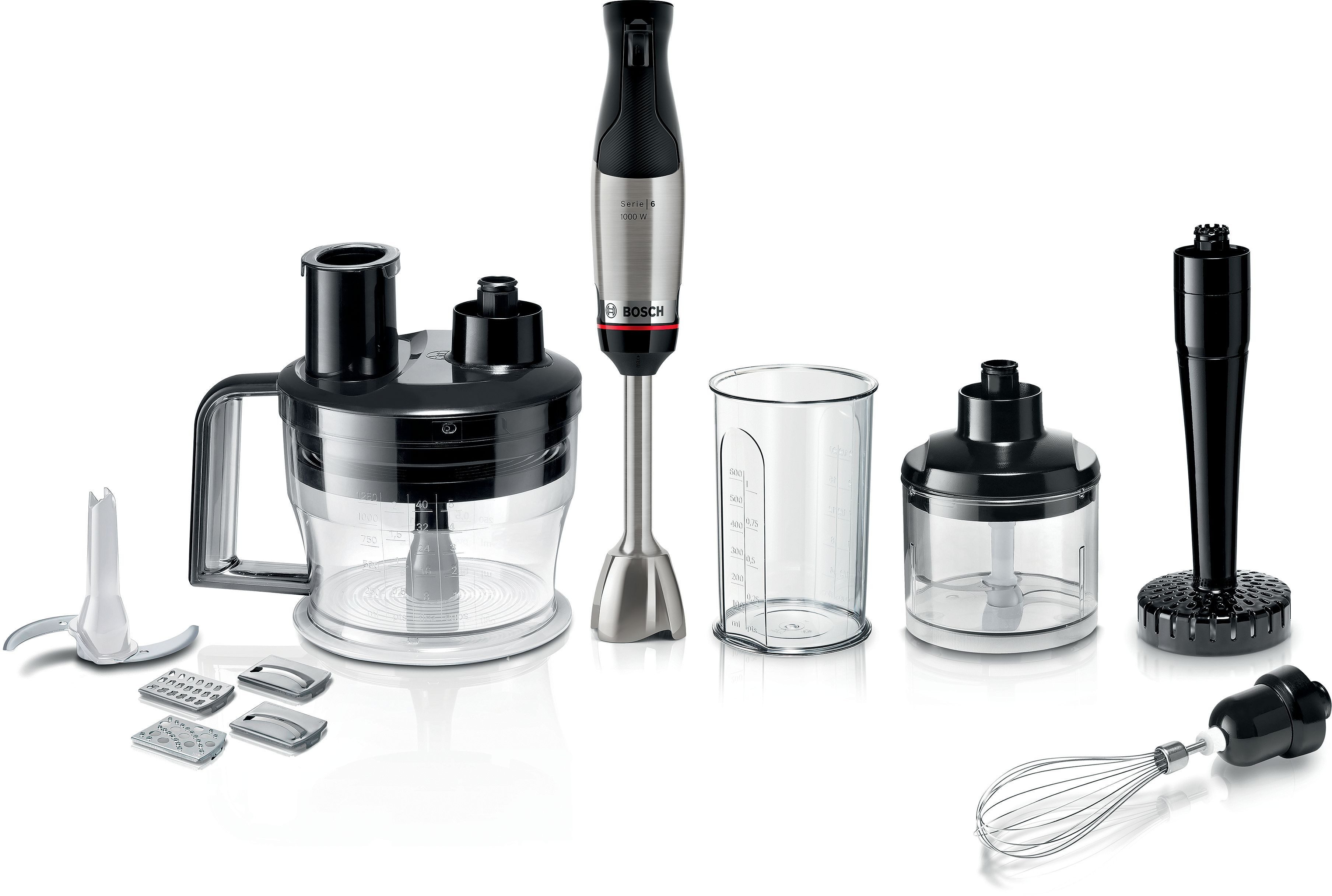 BOSCH Stabmixer ErgoMaster Serie 6 MSM6M673, 4 Klingen, Mixfuß Edelstahl, schwarz, 1000 W, Becher, Stampfer, Zerkleinerer groß & klein, 10 Jahre Motorgarantie