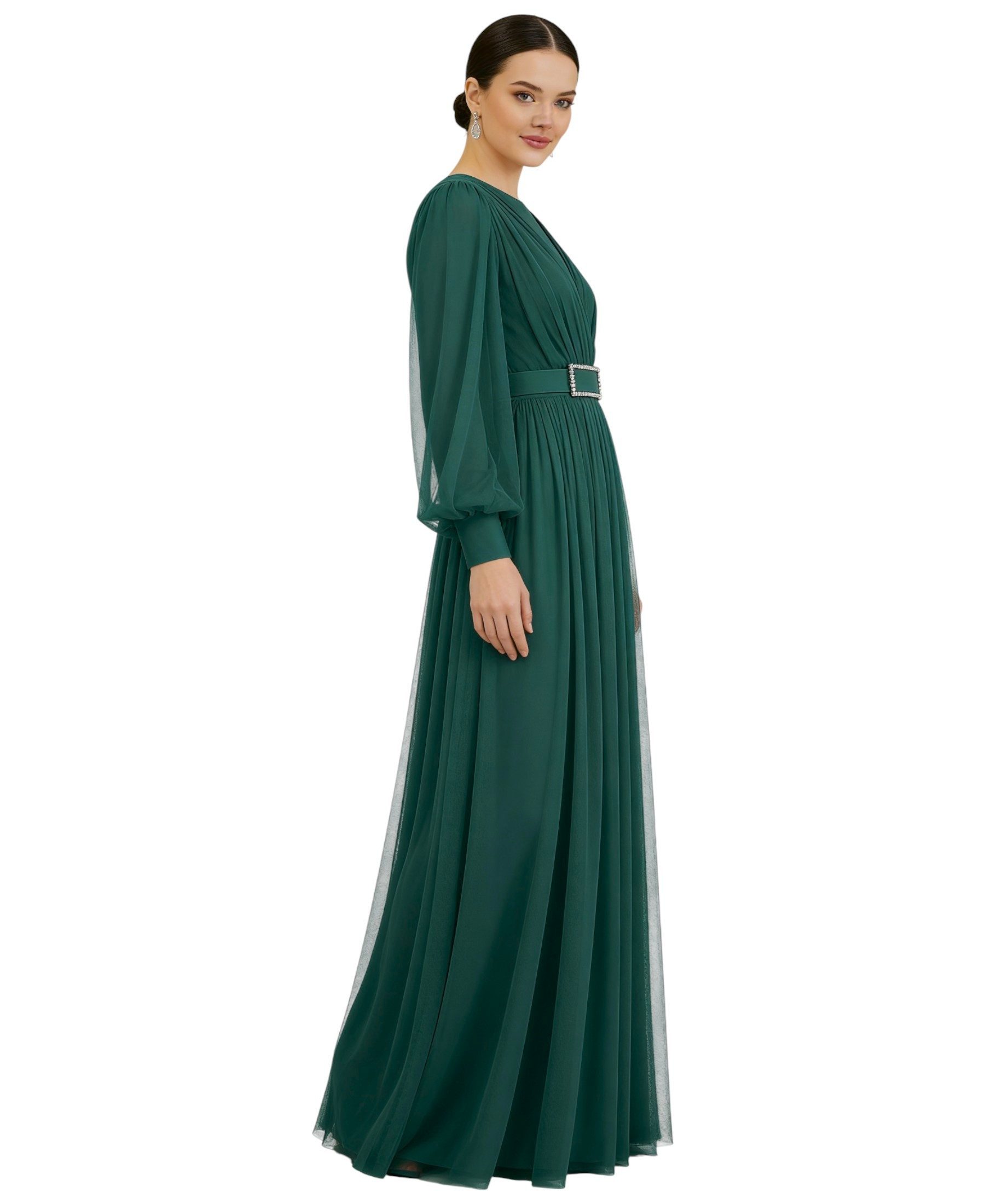 fashionshowcase Abendkleid Damen Maxikleid langarm Tüllkleid elegant mit Gürtel Modest Fashion Fließender Plissee-Rock mit taillierendem Gürtel