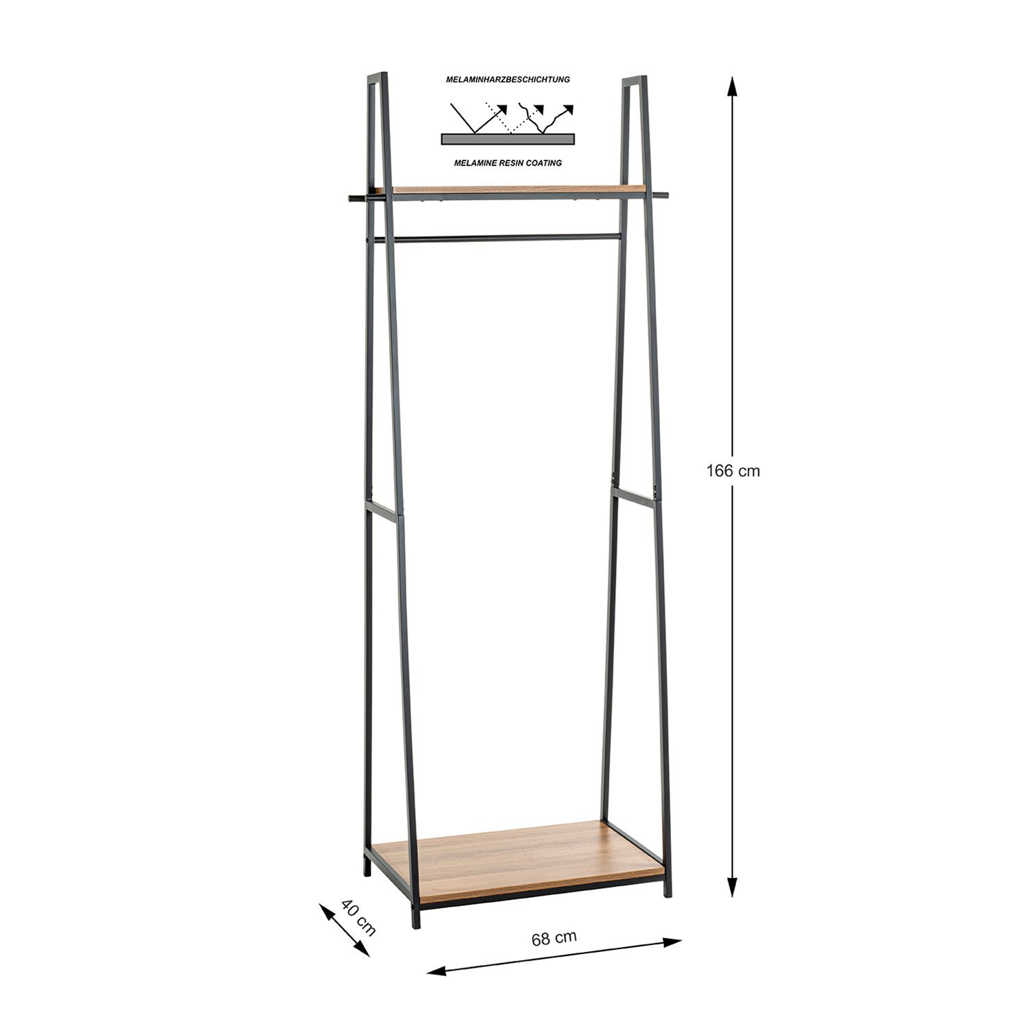 HAKU Kleiderständer PESCARA 1 Garderobe - eiche-schwarz - MDF, Metall - H. 166cm x B. 68cm, (1xStandgarderobe, Hakenständer - Aufhängeständer), Kleiderständer - Mantelständer - Jackenständer