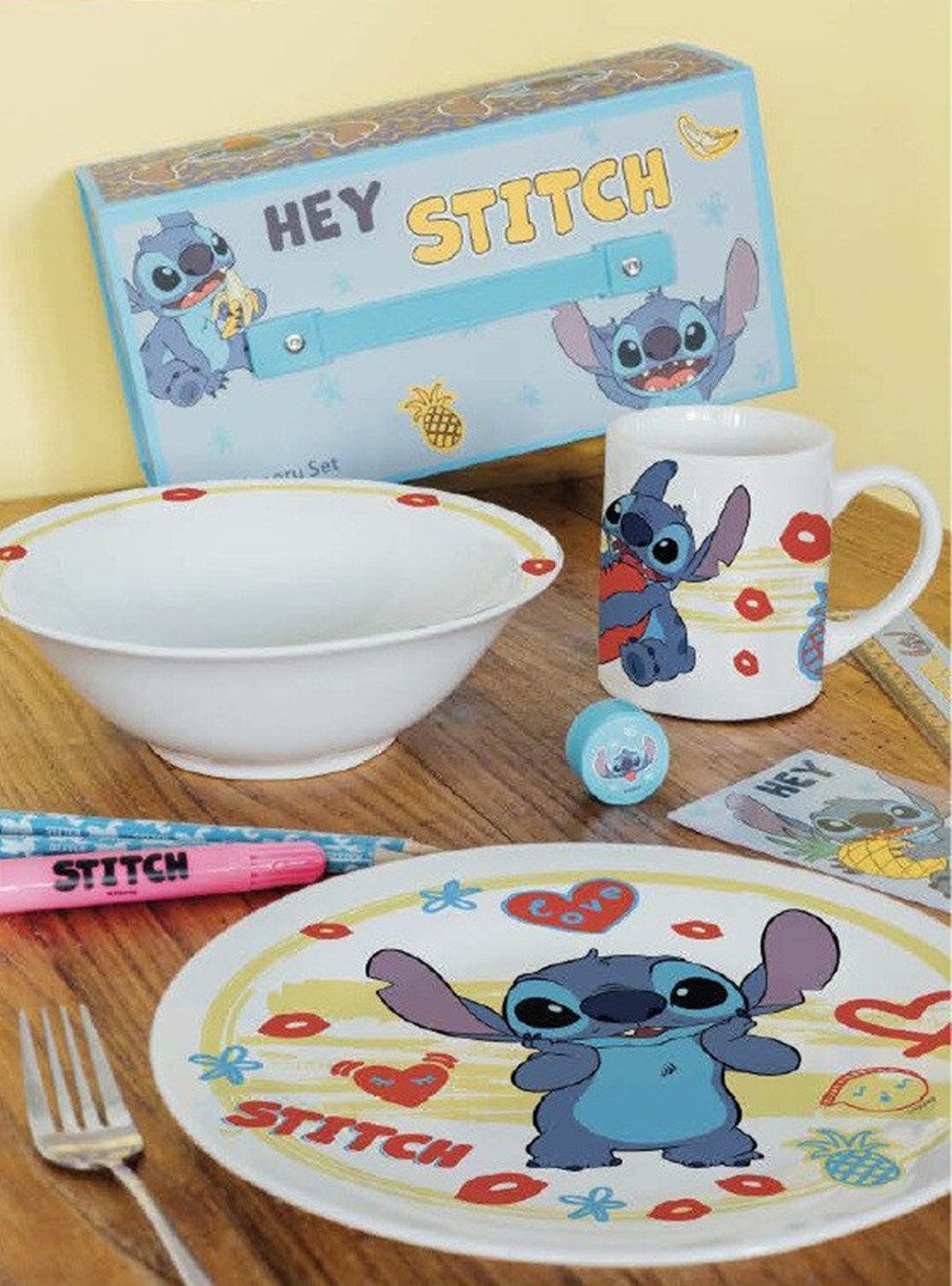 Lilo & Stitch Kindergeschirr-Set Disney Lilo und Stitch Heart Porzellan-Essgeschirr, Mikrowellengeeignet, spülmaschinenfest