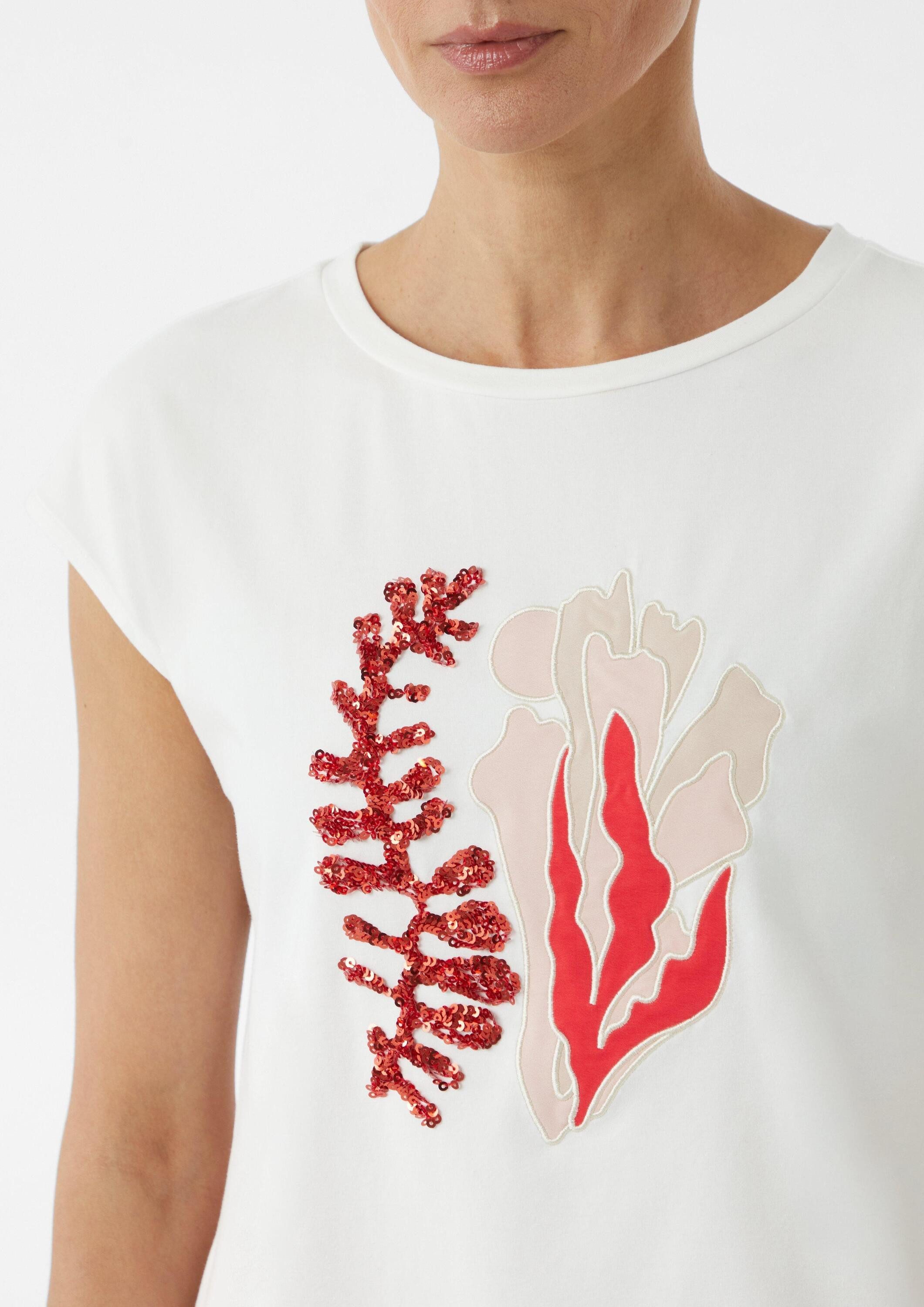 comma Kurzarmshirt T-Shirt Jersey-T-Shirt mit Pailletten und Artwork