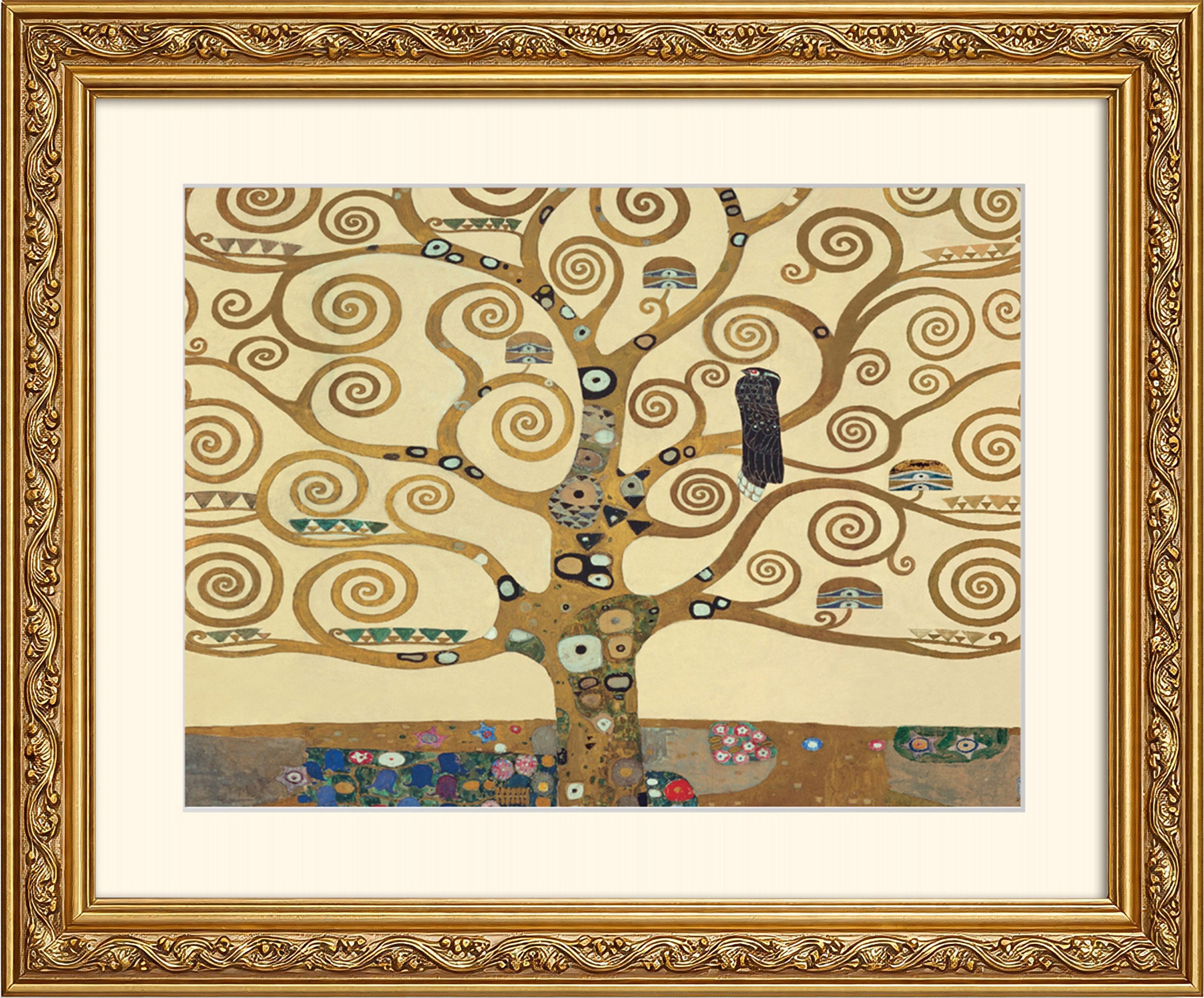 artissimo Bild mit Rahmen Wandbild gerahmt 53x63 cm Kunstdruck mit Passepartout & Barock-Rahmen, Gustav Klimt: The Tree of life - Lebensbaum