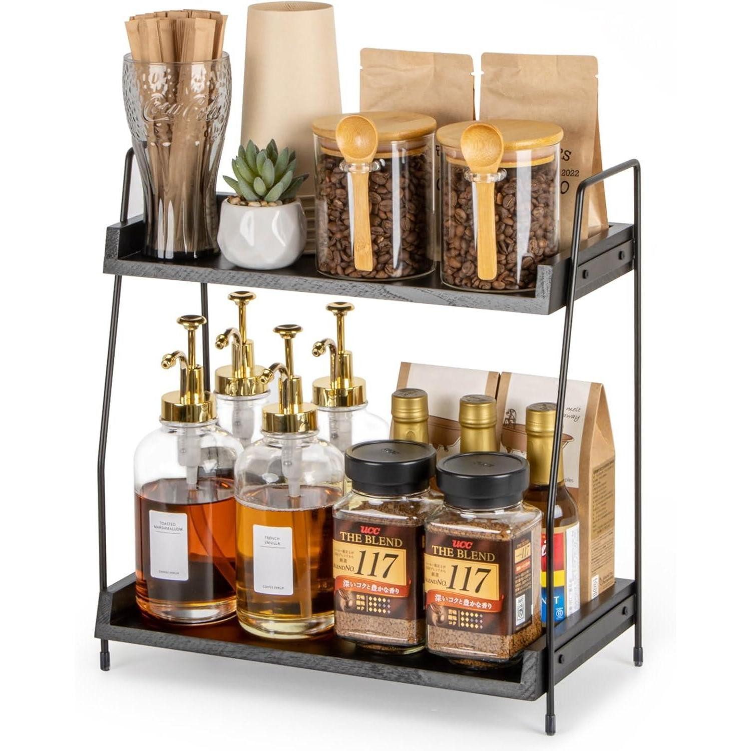 Kochbesteck-Set Küchenregal Kaffee Organizer Holz 2 Tier Kaffeebar Büro Schwarz