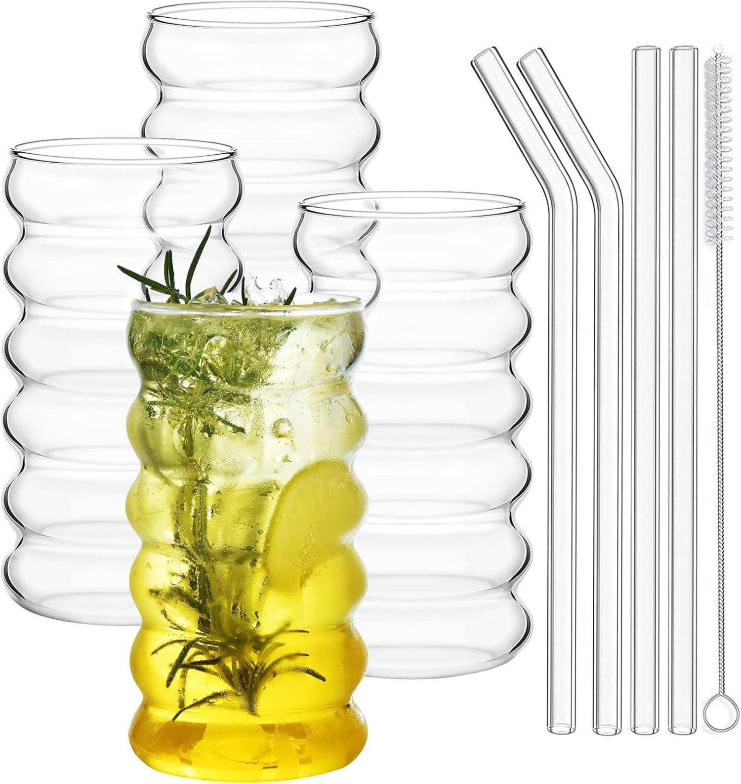 LuxusKollektion Longdrinkglas Gerippte Trinkgläser Set of 4 with Glass Straws 475ml Bubble Wave