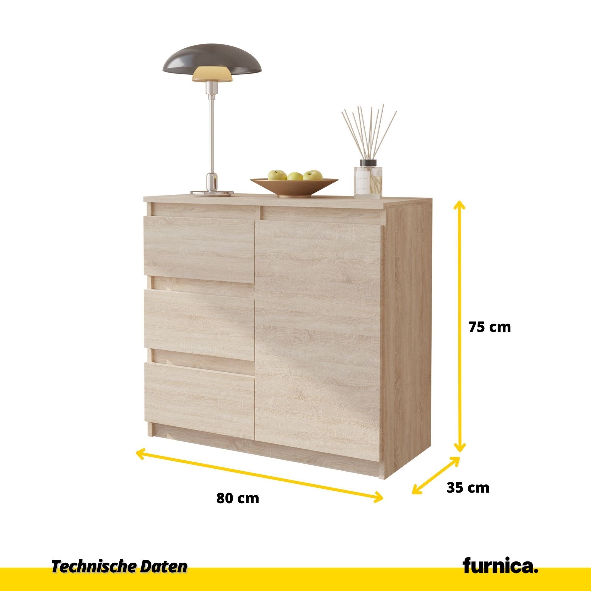 Eiche MIKEL, B80cm 3 H75cm 1 - Furnica St) und Eiche/Sonoma (1 Tür Sonoma Schubladen Sonoma Eiche T35cm Kommode