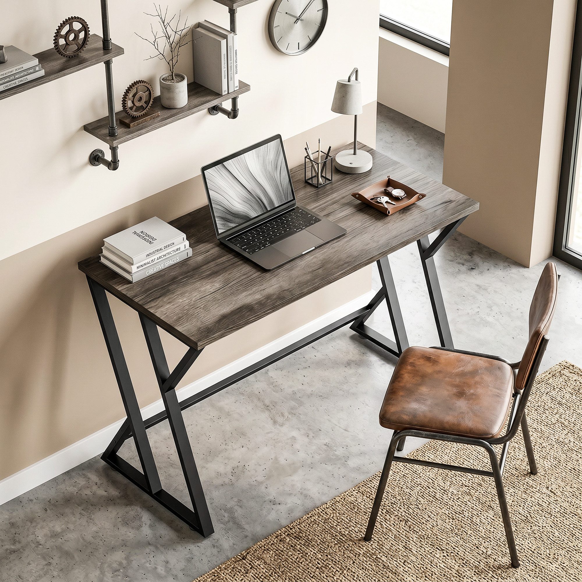 HOMCOM Schreibtisch Computertisch 120x60cm mit Z-förmigem Metallfuß, Holzoptik (Bürotisch, 1-St., PC Tisch), Industriedesign, große Arbeitsfläche, stabil