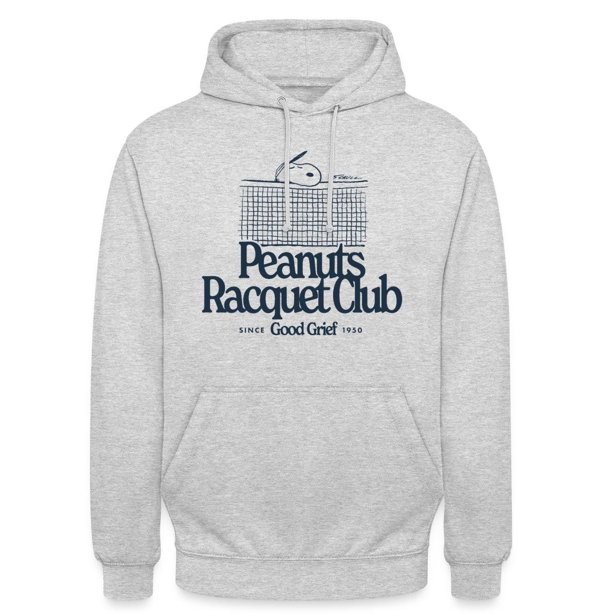 Spreadshirt Hoodie Peanuts Racquet Club Mit Snoopy Dunkel Unisex Hoodie (1-tlg) Unisex-Schnitt: Sitzt bei Männern körpernah, bei Frauen weit