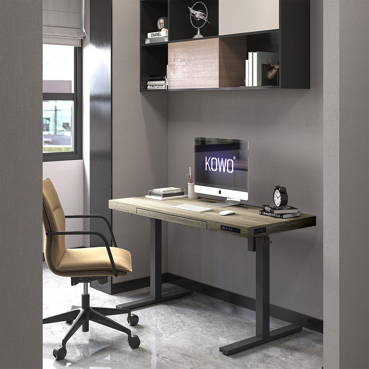 KOWO Schreibtisch Schreibtisch mit Höhenverstellbar Schubladen, Computertisch Tisch 120 Höhenvestellbarer Ladegerät Elektrisch cm Arbeitstisch Walnuss 60 x Bürotisch