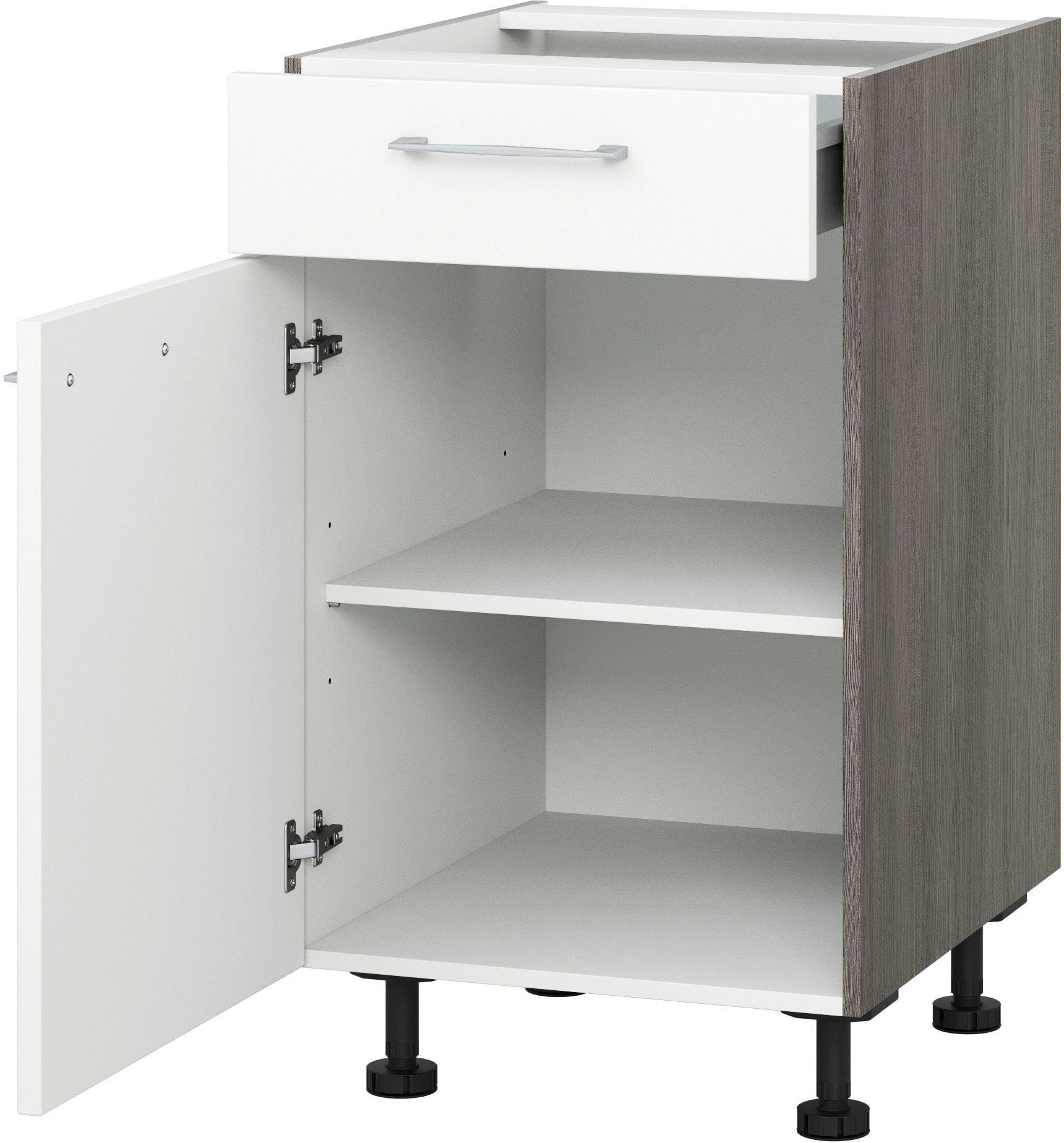 Express Küchen Unterschrank Trea US60 mit einem Auszug und einer Tür, Einlegeboden, Breite 60 cm, Höhe 75 cm weiß/eichefarben grau | eichefarben grau | Unterschränke