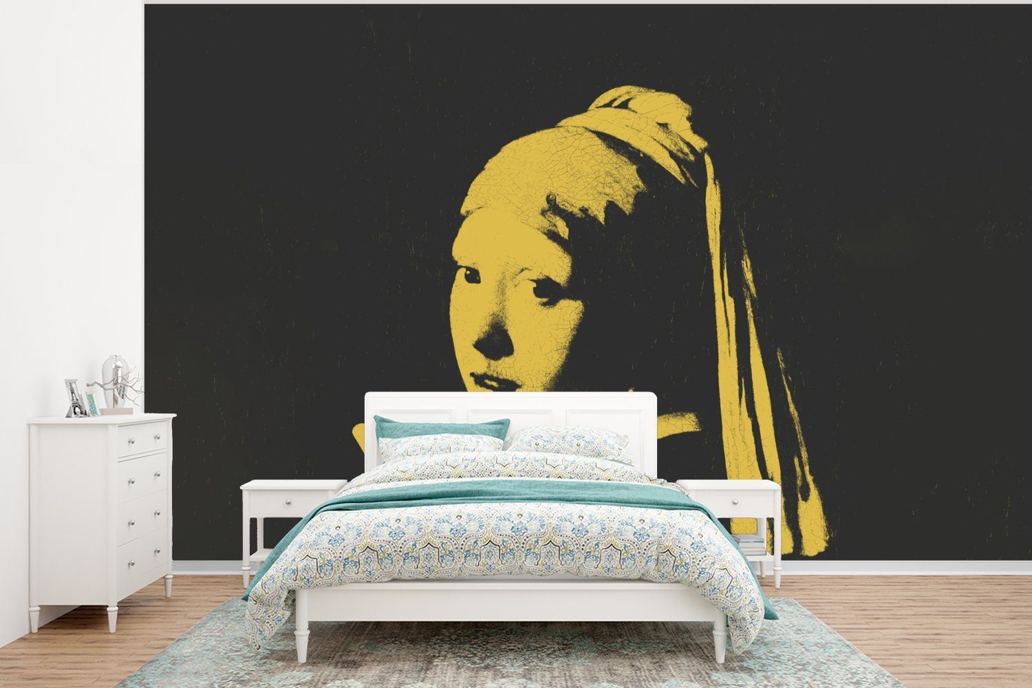 MuchoWow Fototapete Mädchen mit Perlenohrring - Gelb - Schwarz, Matt, bedruckt, (6 St), Wallpaper für Wohnzimmer, Schlafzimmer, Kinderzimmer, Vinyl Tapete