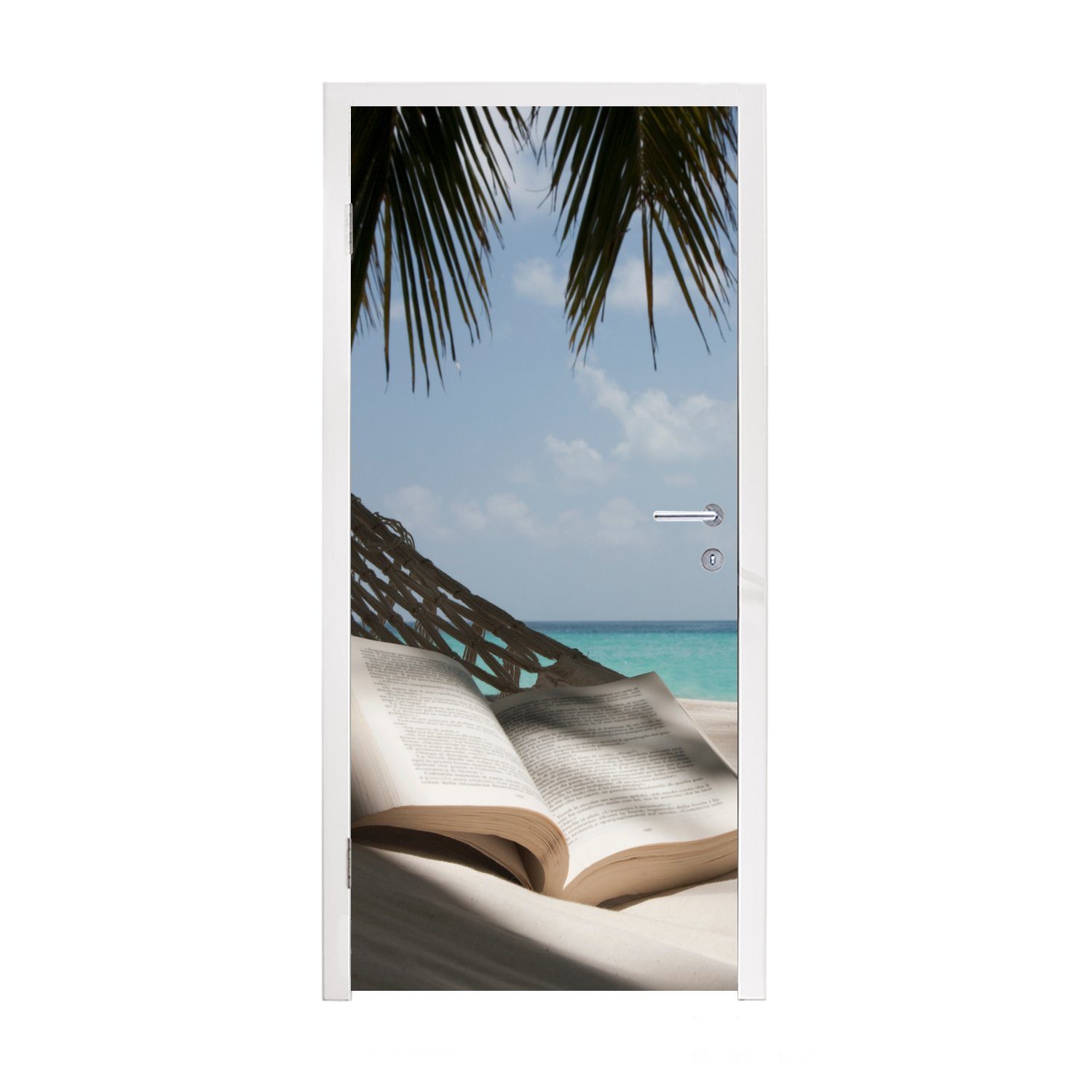 MuchoWow Türtapete Hängematte - Buch - Strand, bedruckt, (1 St), Selbstklebende Türfolie Türposter Türaufkleber Klebefolie Türklebefolie