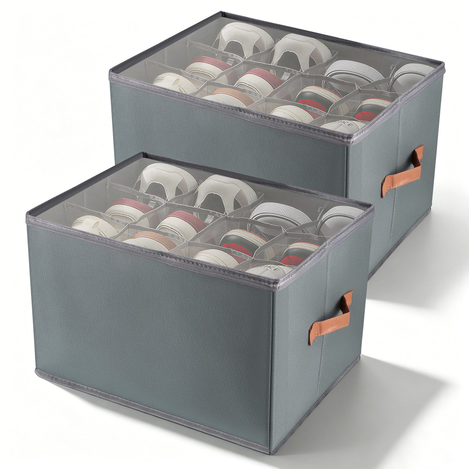 BlingBin Schuhbox Schuhaufbewahrungsbox, Schuhaufbewahrung 12 fächer (2er-Set, 2 St., 2 Stück 43 x 32 x 30 cm, Faltbox mit Fächern), mit 2 verstärkten Griffen, für Canvas-Schuhe, Hausschuhe und Sandalen