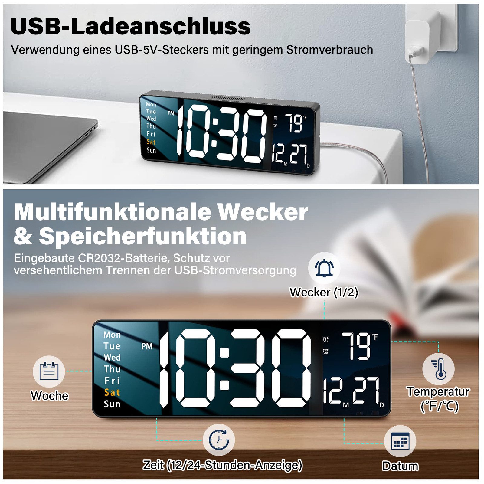 MOPUEA Wanduhr 16-Zoll Wanduhr LED-Digitalwecker mit Fernbedienung, 12/24 Std. – Bild 5 von 5