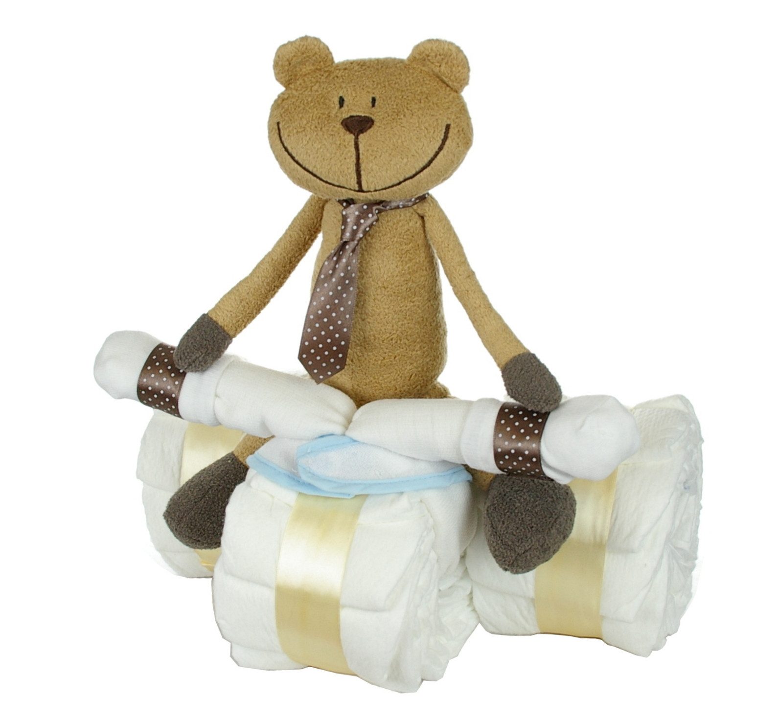 Neugeborenen-Geschenkset Windeltorte Dreirad mit Schlenkertier Bär groß, 32cm