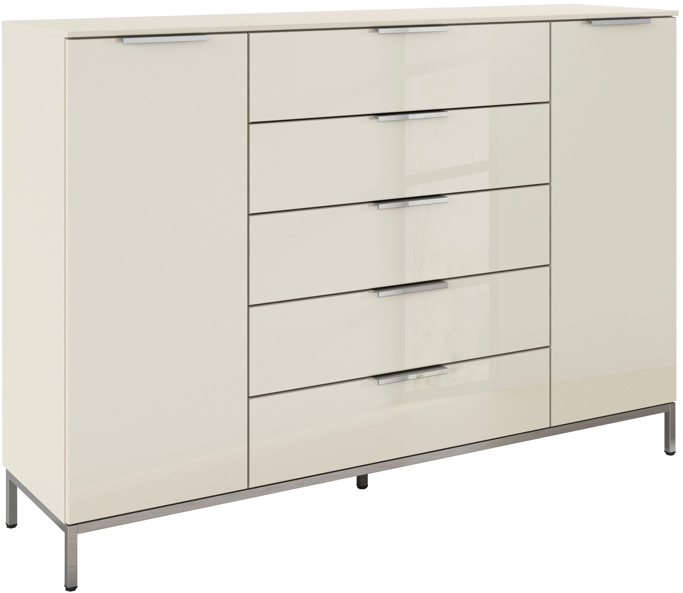 rauch Schubkastenkommode Kommode Türkommode Sideboard Kombikommode FLIPP mit Glasfront (Breite 160/180 cm mit 4 Einlegeböden), 2-trg mit 5 Schubladen und Soft-Close-Funktion, Glasfront, 2 Breiten