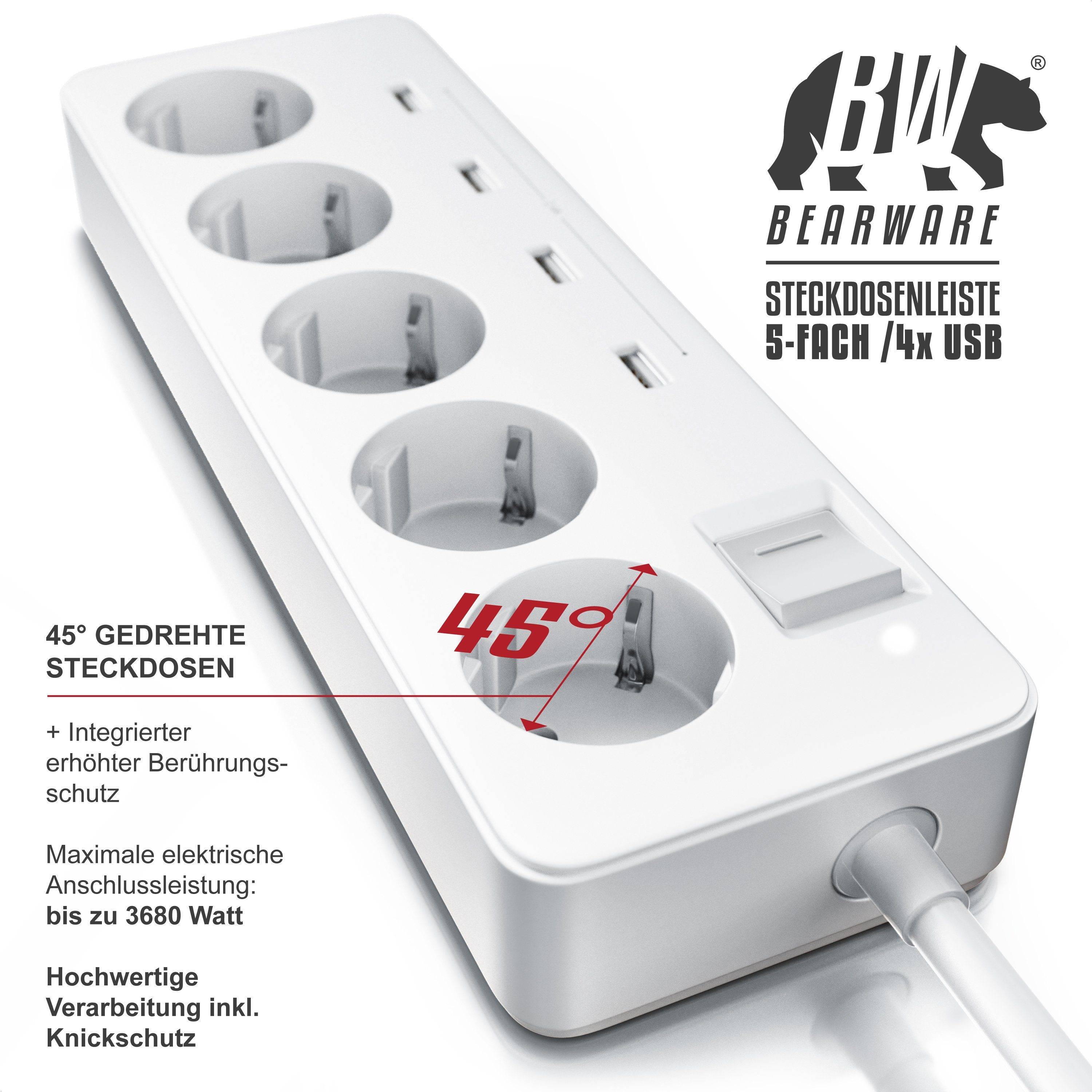 BEARWARE 5-Fach Steckdosenleiste mit 4 x USB Ladeports, 1,5m Kabel weiß Steckdosenleiste 5-fach (Ein- / Ausschalter, USB-Anschluss, Schutzkontaktstecker, Kinder – Bild 4 von 5