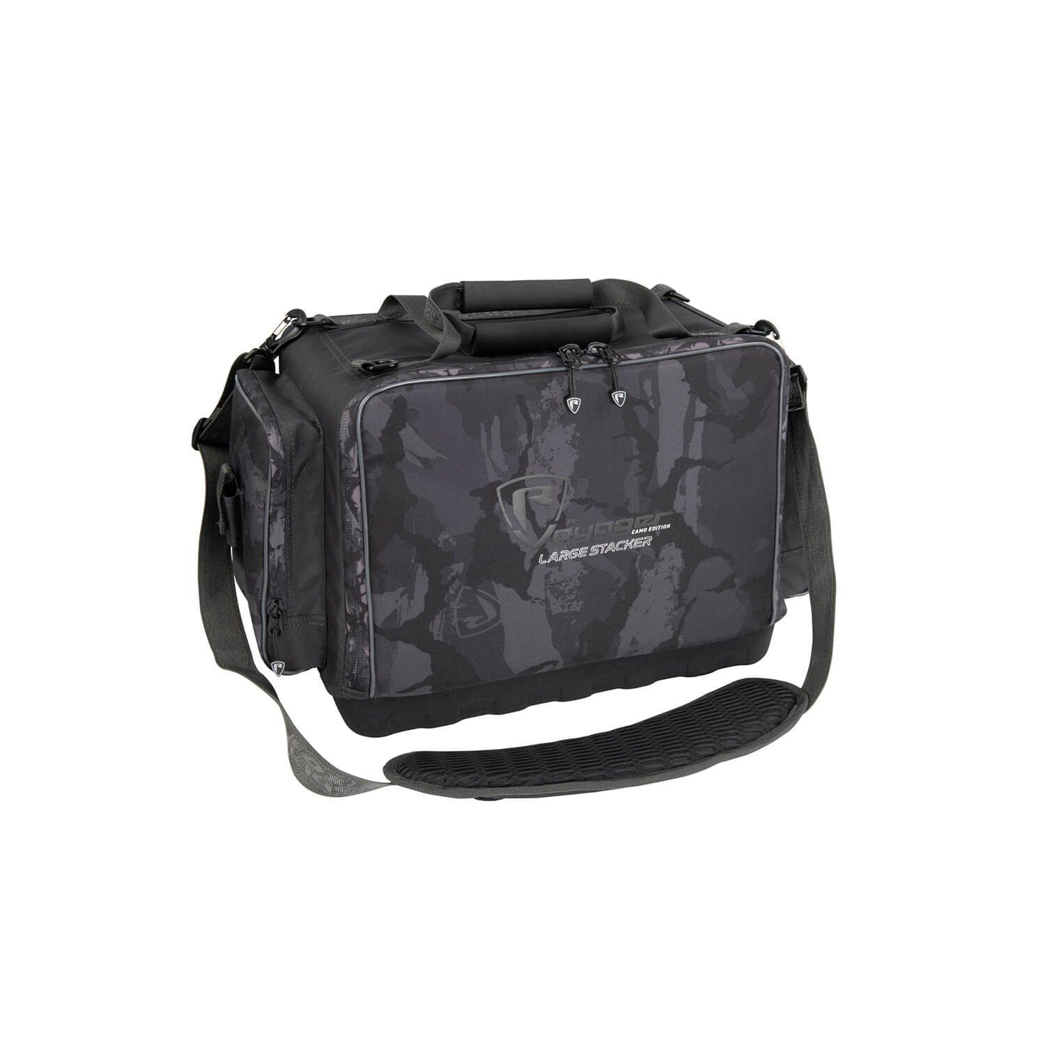 Fox Rage Umhängetasche Fox Rage Voyager Camo Large Stacker Umhängetasche, Hochrobuste Camo-Tarnreißverschlüsse, 3D-gepolsterter Schultertragegurt, EVA-Handtragegriff oben, EVA-Taschenbasis, Tasche auf der Rückseite für Zubehör wie zum Beispiel Werkzeuge, Klettgesicherte Halterung für Zangen, Herausziehbarer Regenschutz