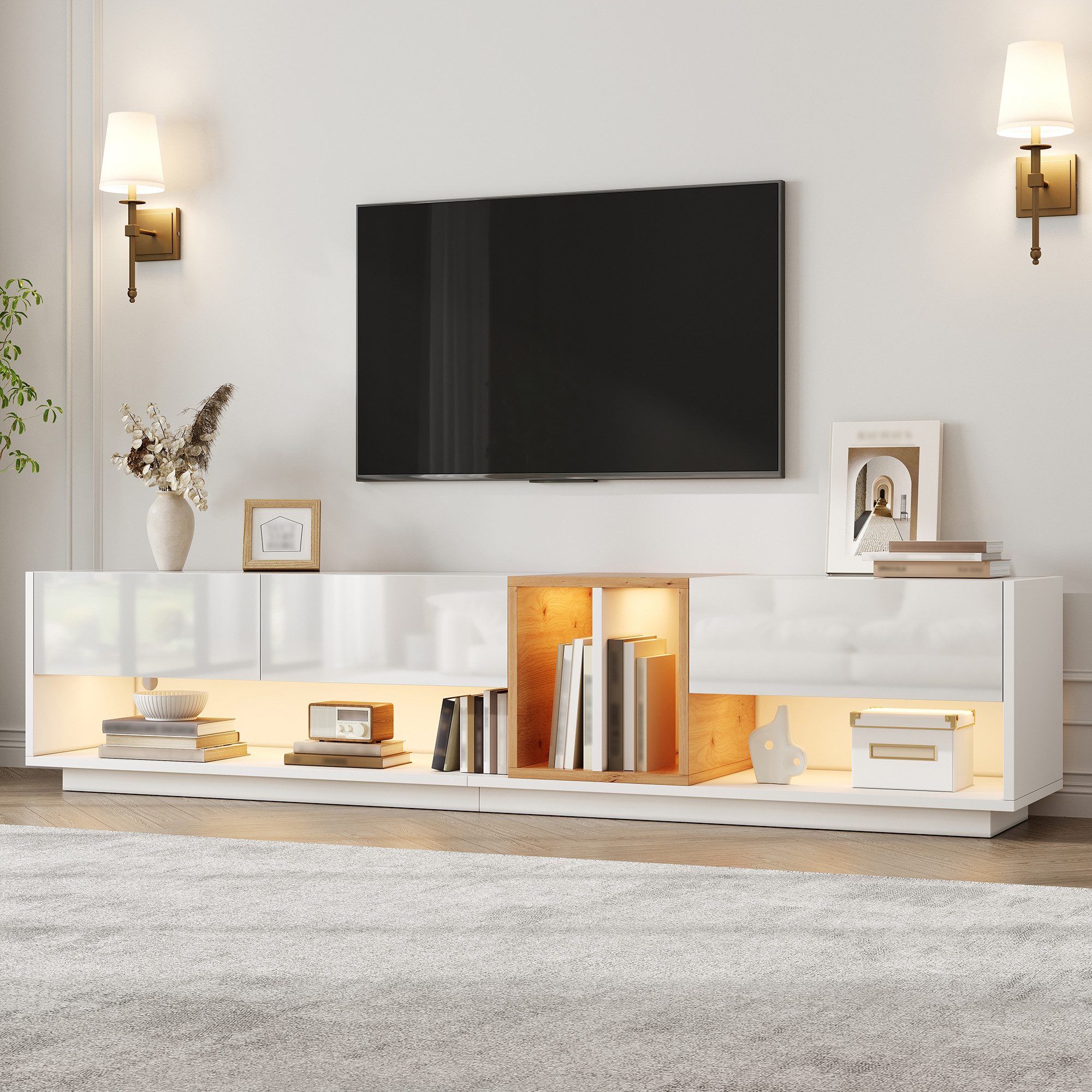 STILVORA Lowboard TV-Schrank mit LED-Beleuchtung TV-Board mit Hochglanz Oberfläche (Fernsehtisch, App-Steuerung, Kabelmanagement, Hochglanzfront, offene Fächer, Klappenfächer, Spanplatte), für Flur, Eingangsbereich, Diele, Wohnzimmer