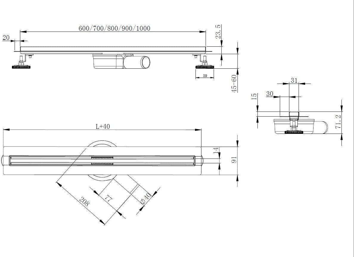 Elbe Duschrinne Linear 60-80 cm,Siphon mit Geruchsstop und Haarsieb, Set, mit Bodenbefestigung, Randablauf, Edelstahl Ablaufrinne, 70 cm