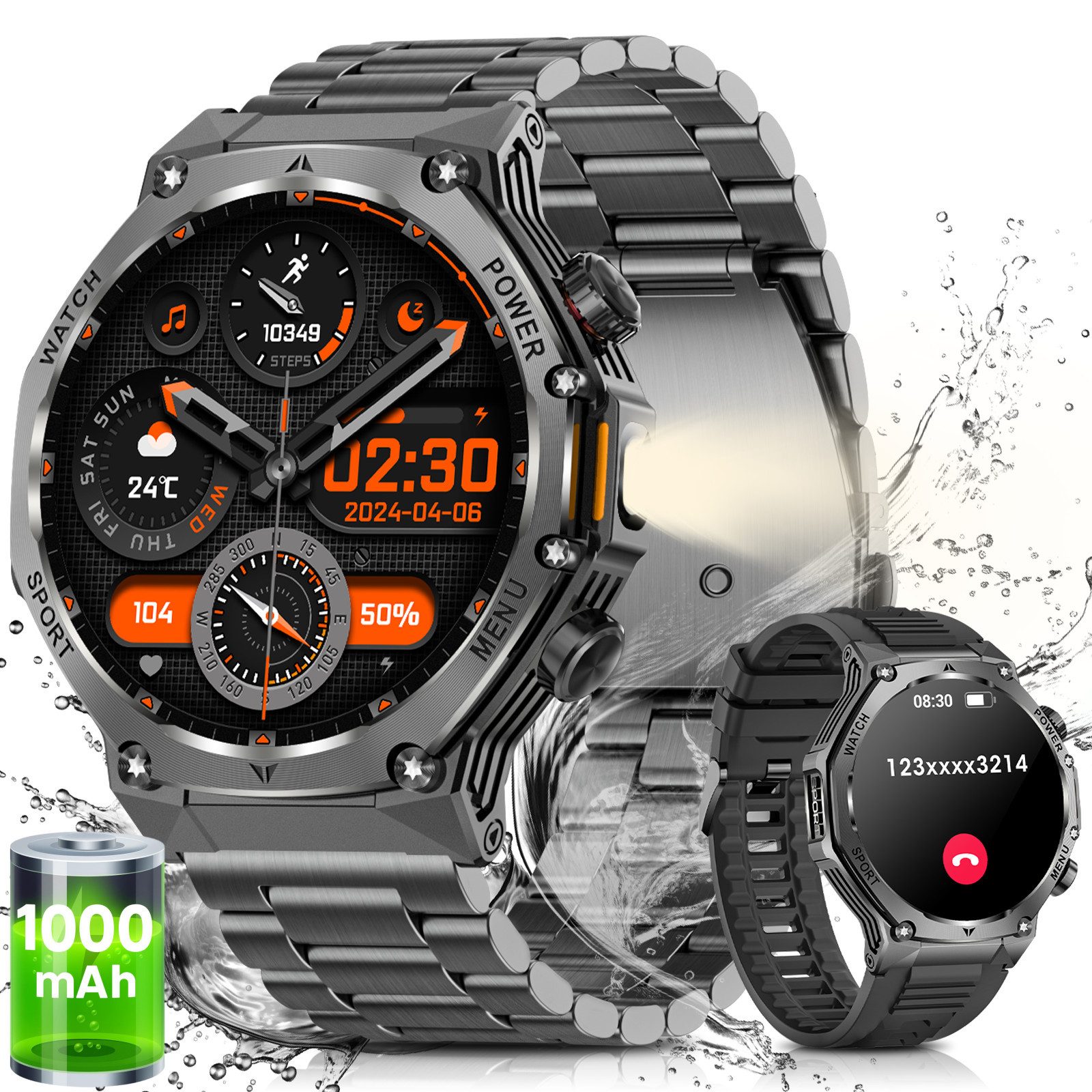 2025 1000mAh Smartwatch für Herren in Militärqualität mit 1,8" Display Smartwatch