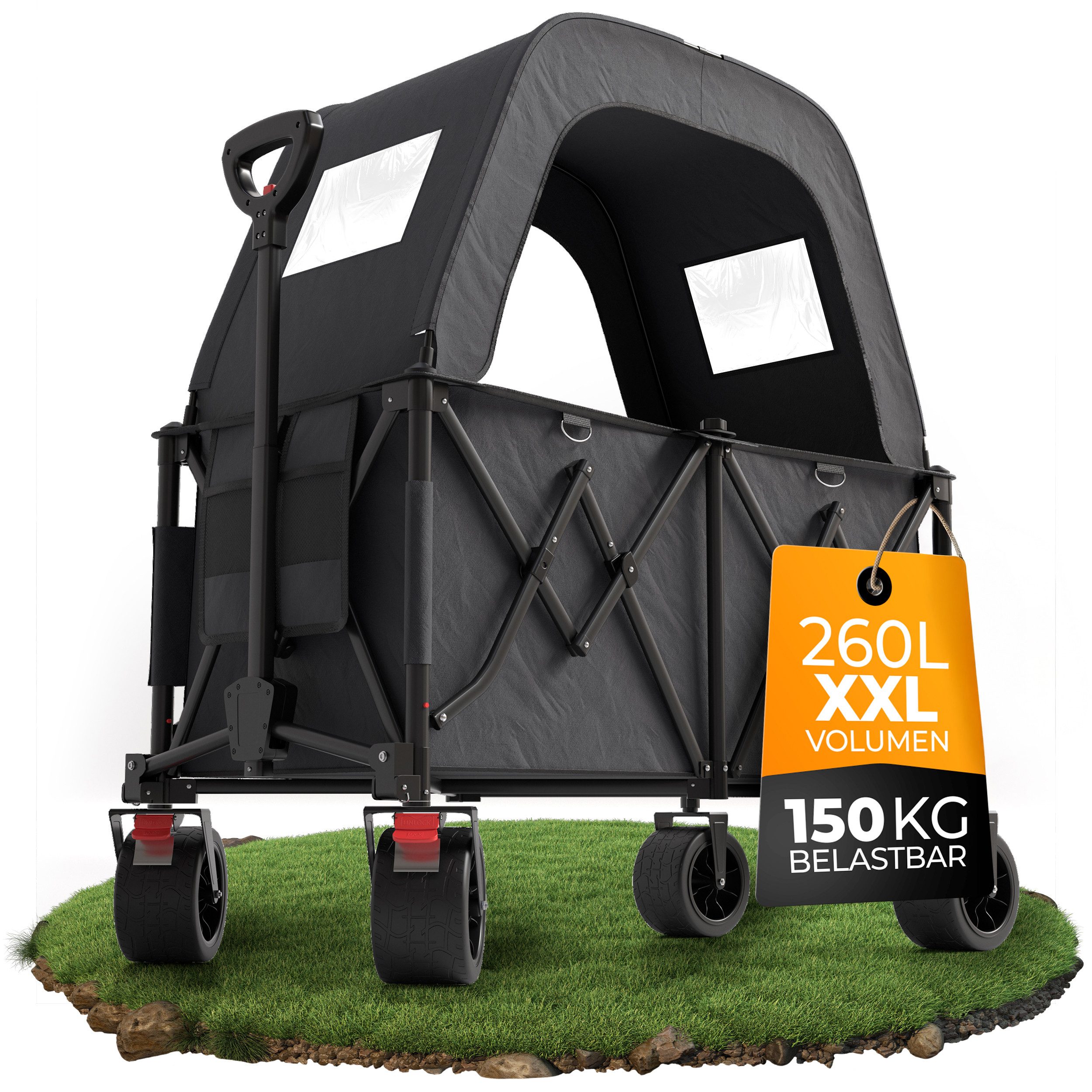 BigDean Bollerwagen XXL Bollerwagen faltbar mit Dach 260L 150kg belastbar robuster (1-tlg)