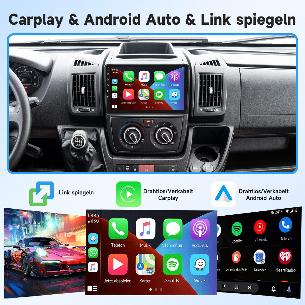 Auto-radio Android 13 Pour Fiat Ducato 3/Peugeot Boxer 2/Citroen Jumper 2 (2011-2022) - 9 Pouces, CarPlay Sans Fil, GPS