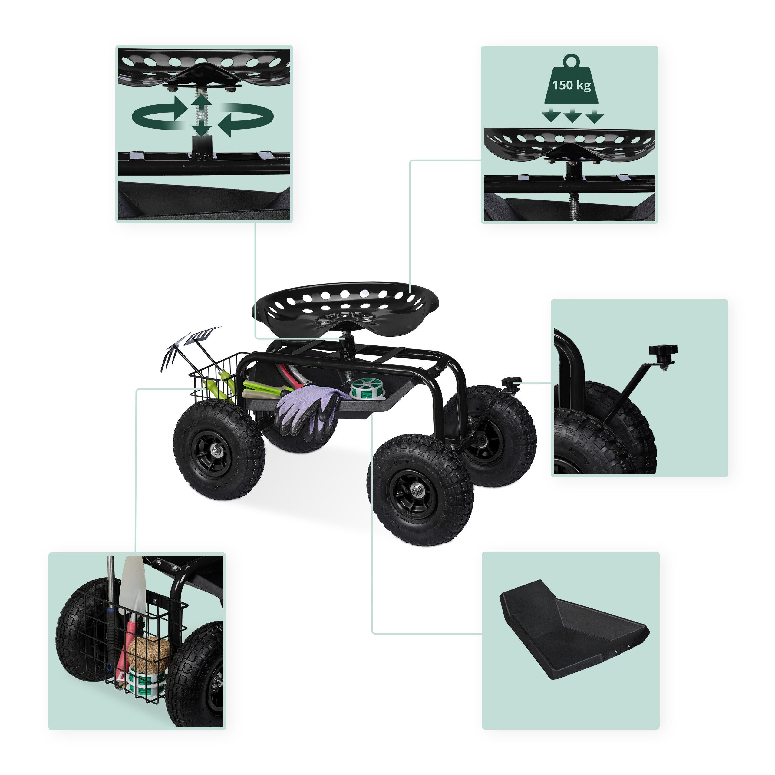 relaxdays Rollsitz Fahrbarer Gartensitz mit Stauraum, schwarz