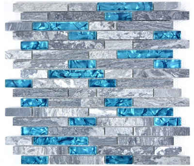 Mosani Mosaikfliesen Marmor Naturstein Fliesen Glasmosik Wandfliesen Grau Blau, 30cm x 29cm, Dekorative Wandverkleidung