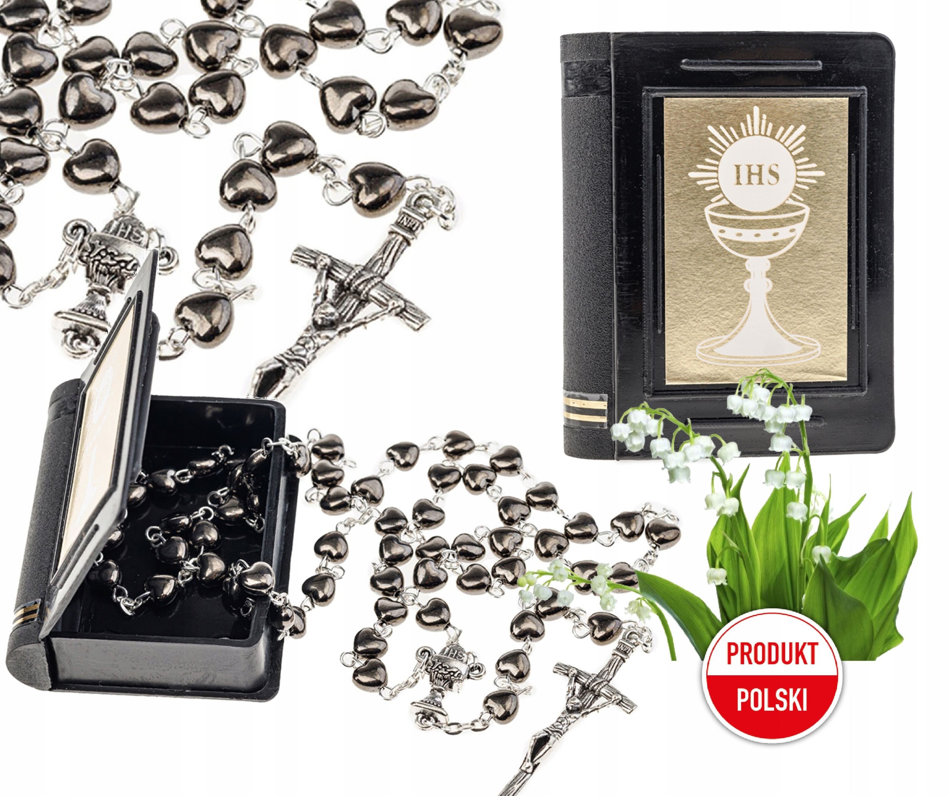 Sacramenta Kommunionskarte Handgefertigter Kommunion-Rosenkranz aus Hämatit mit Herzperlen