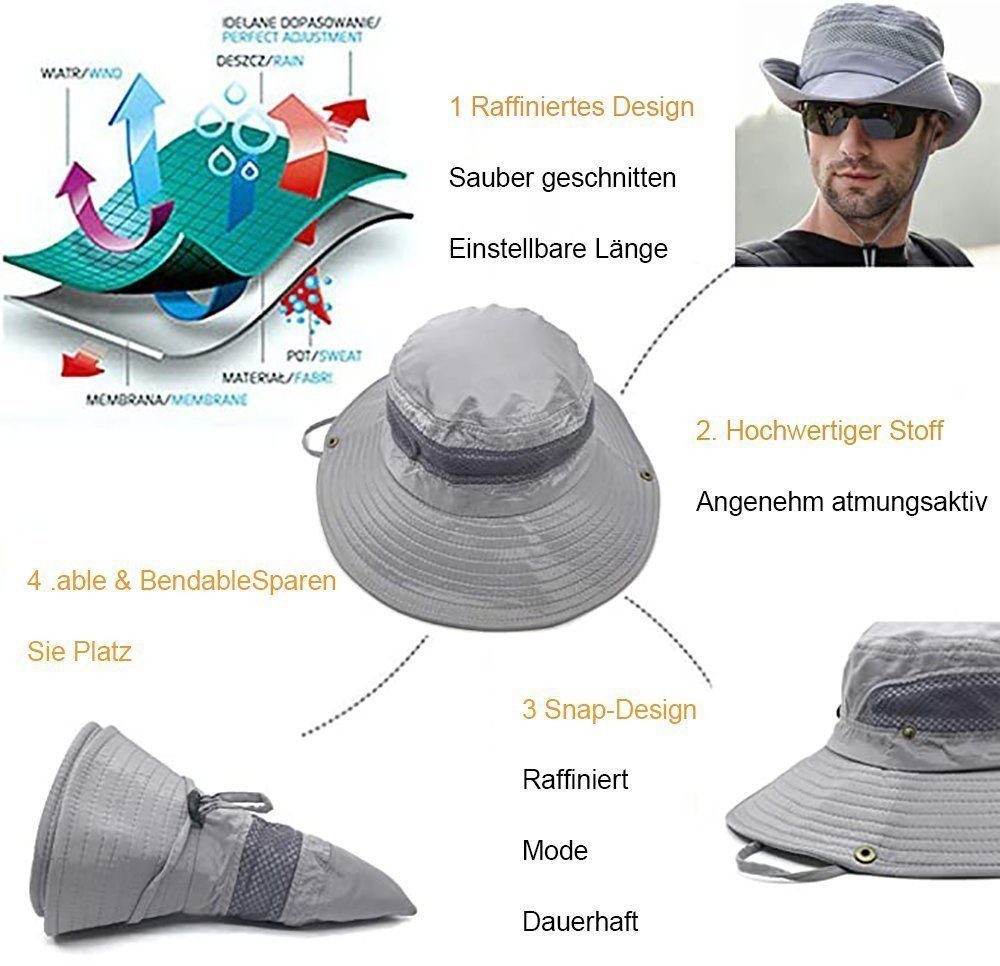 feinlux Sonnenhut Herren-UV-Schutz-Sonnenhut (Packung, Sommer Outdoor Fischerhut) Atmungsaktiv, Vergrößerter Hutrand, Windseil, Schweißband