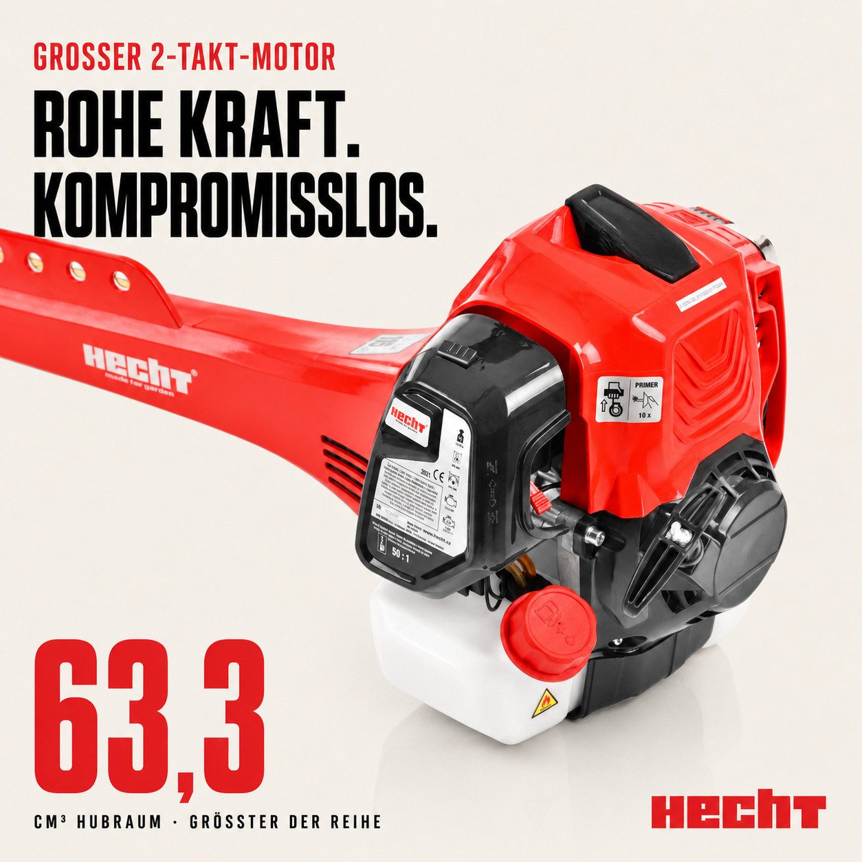 Hecht Benzin-Freischneider mit Tragegurt 3,1 PS, Auftipp-Automatik mit Fadennachführung, 25,5 cm Arbeitsbreite Messer, 42 cm Arbeitsbreite Faden, Profi Rasentrimmer mit 63,3 cm³