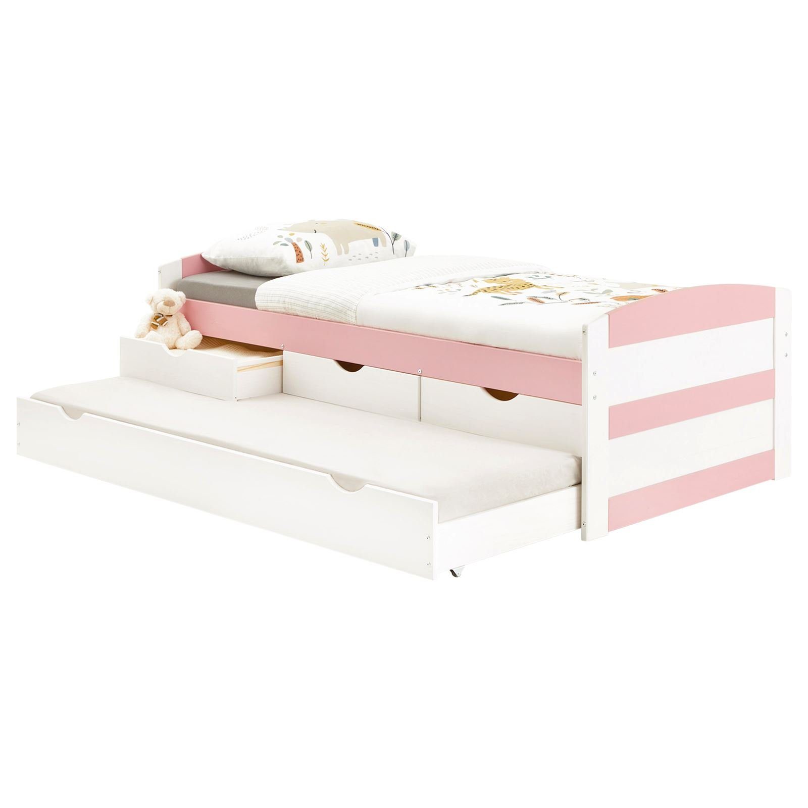 IDIMEX Funktionsbett JESSY, Bett mit Stauraum Jugendbett mit 3 Schubladen Auszugbett Kiefer 90 x 1 weiß/rosa