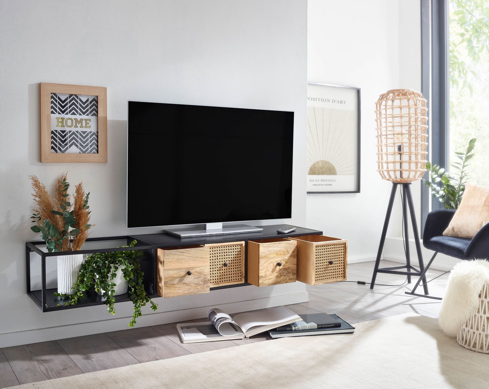 FINEBUY Lowboard FB77760 Massive TV-Board Kommode 150cm hängend Mango Massivholz (Hängend Mango Massivholz / Metall 150x25x35 cm), Fernsehtisch Wiener Geflecht, TV-Schrank Schwarz