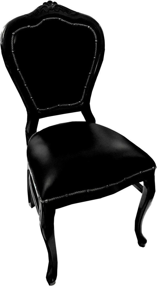 Stuhl Padrino Luxus Casa Handgefertigte Leder Esszimmer Schwarz mit - / Echtleder Barock Esszimmerstuhl echtem Schwarz Möbel