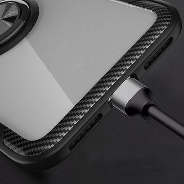 cofi1453 Bumper 360 Grad Schutz Hülle Ring magnetisch Ständer + KFZ Handy Halterung Magnet Carbon Clear kompatibel mit Xiaomi Redmi Note 9