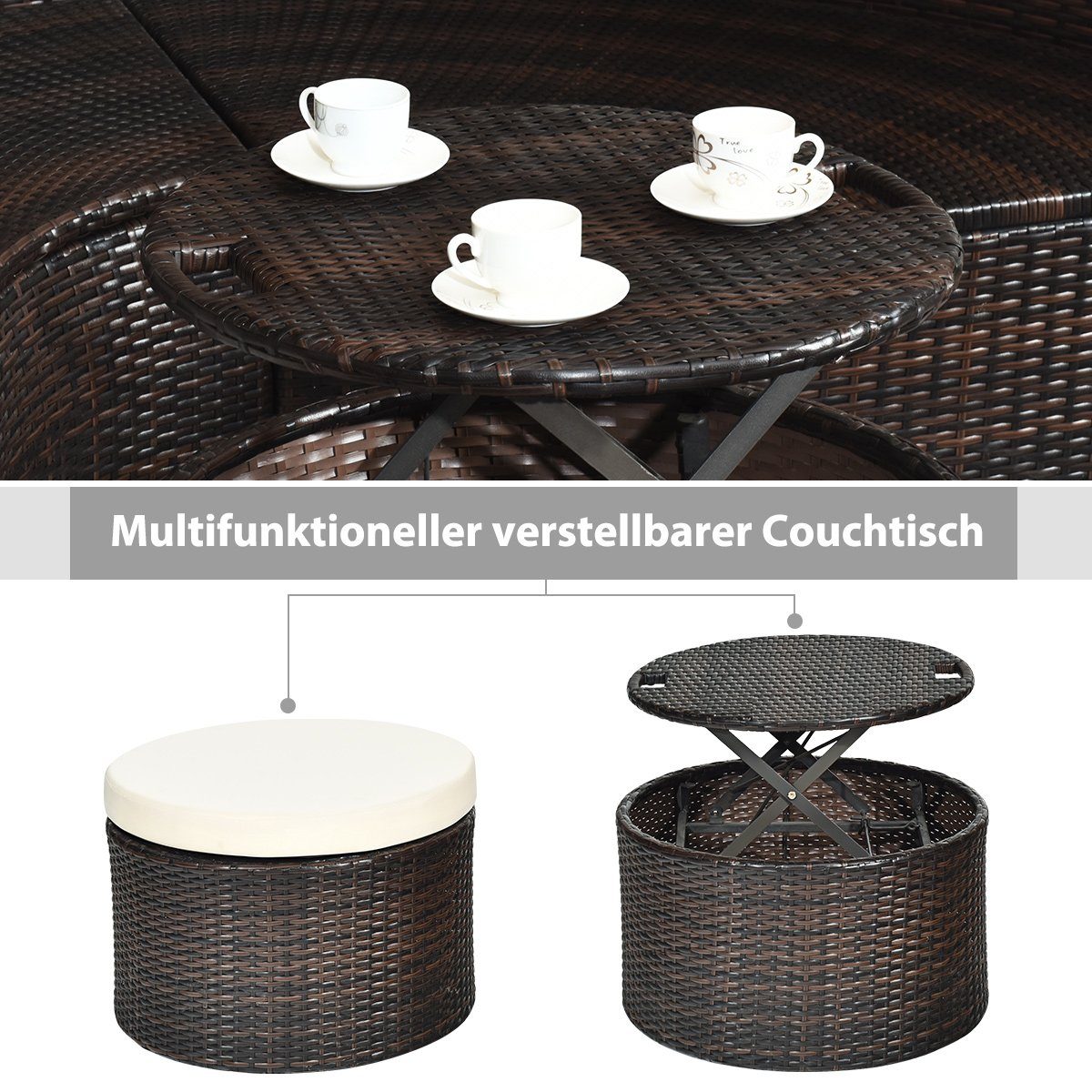 COSTWAY Sonneninsel mit einziehbarem Dach, outdoor, Gatrenlounge Rattan, Kissen, rund