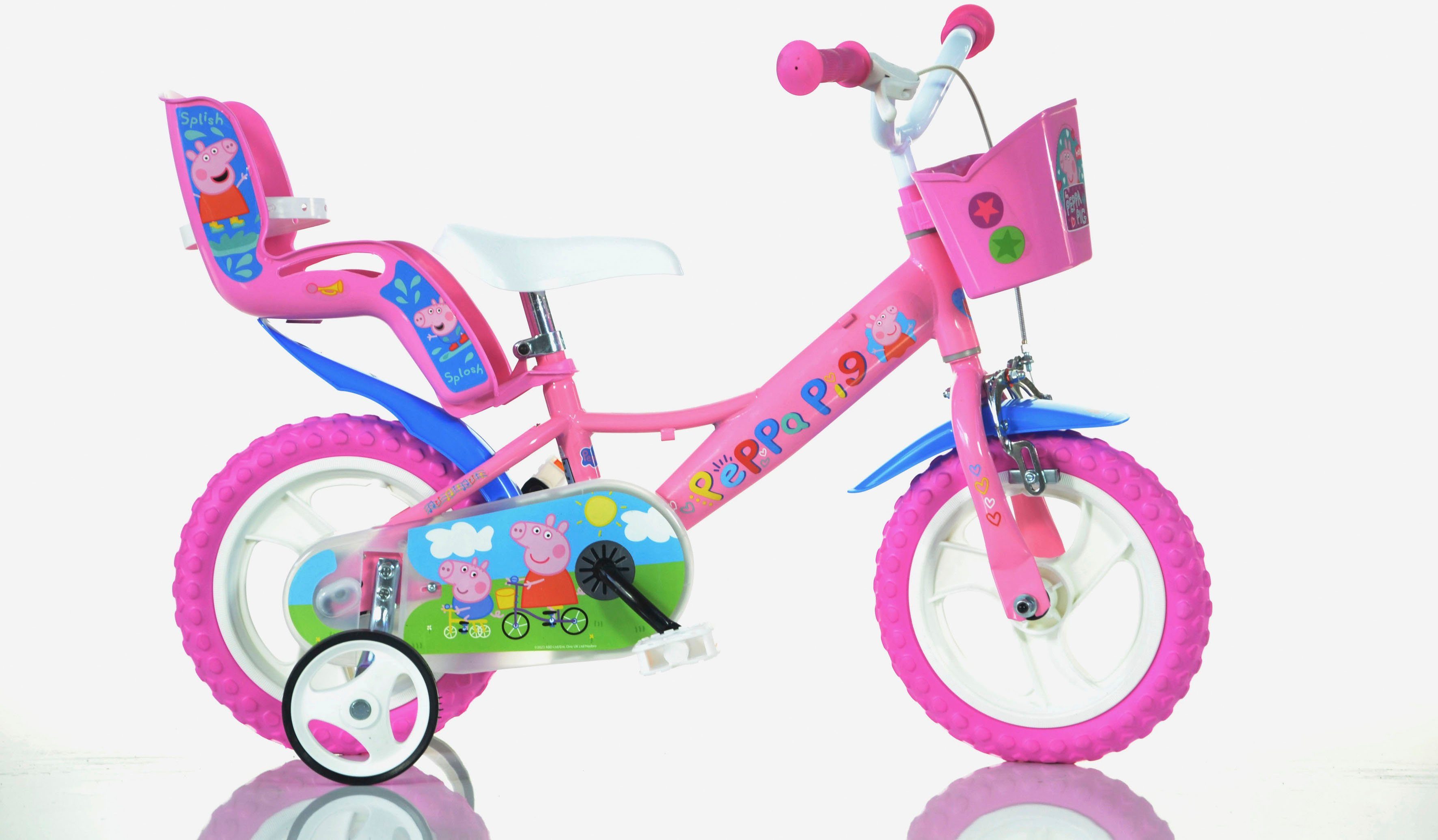 Dino Kinderfahrrad Peppa Wutz Pig 12 Zoll, 1 Gang, mit Stützrädern, Korb und Puppensitz