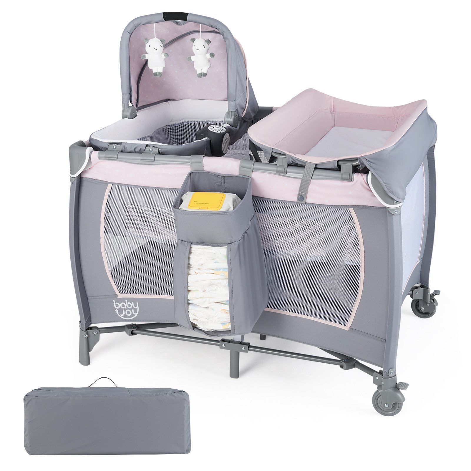 COSTWAY Baby-Reisebett, 1-tlg., Laufstall, Babybett mit Babywiege, Wickeltisch, Matratze