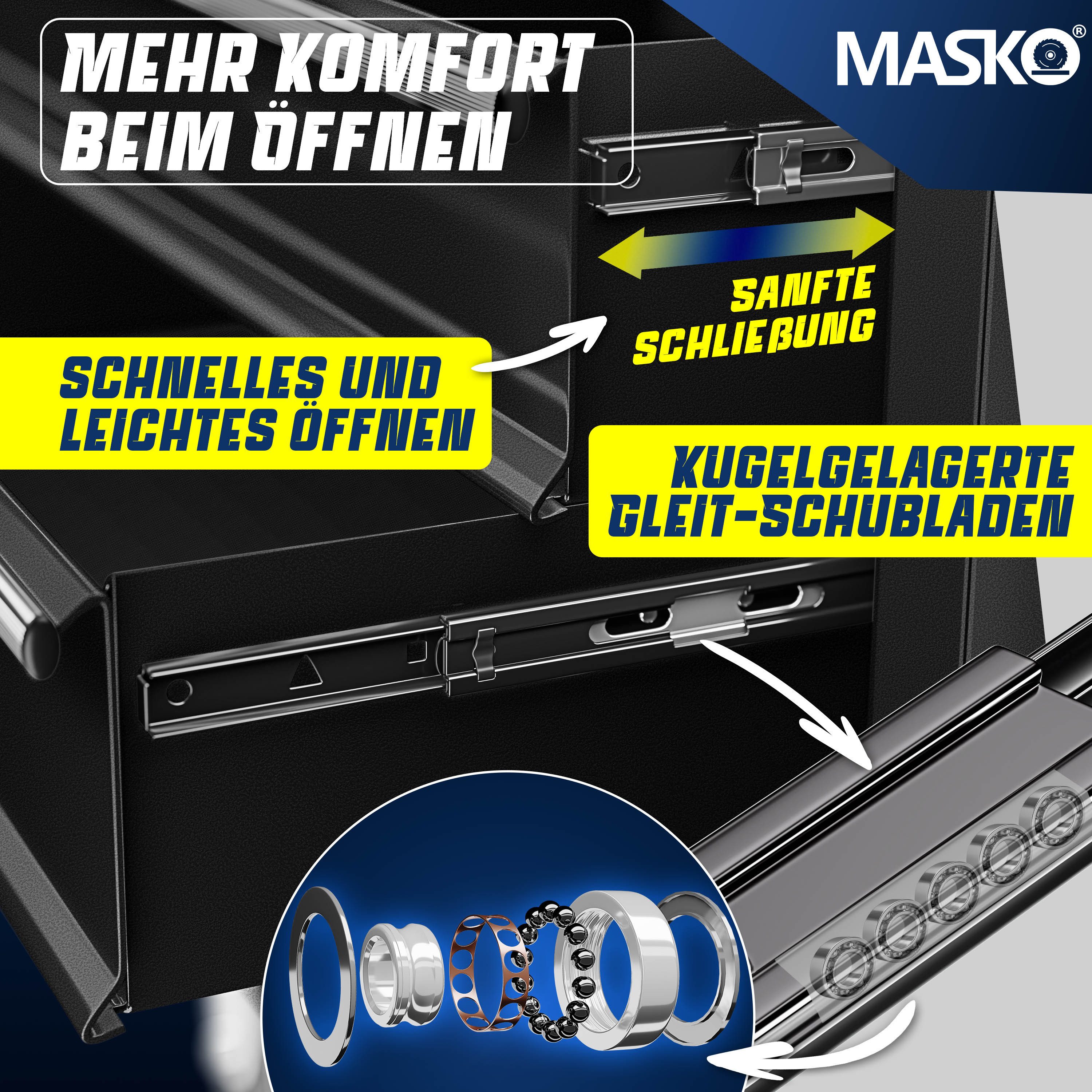 MASKO Werkstattwagen, schwarz, Werkzeugwagen inklusive Koffer 9 Fächer Abschließbar Metall Rollwagen