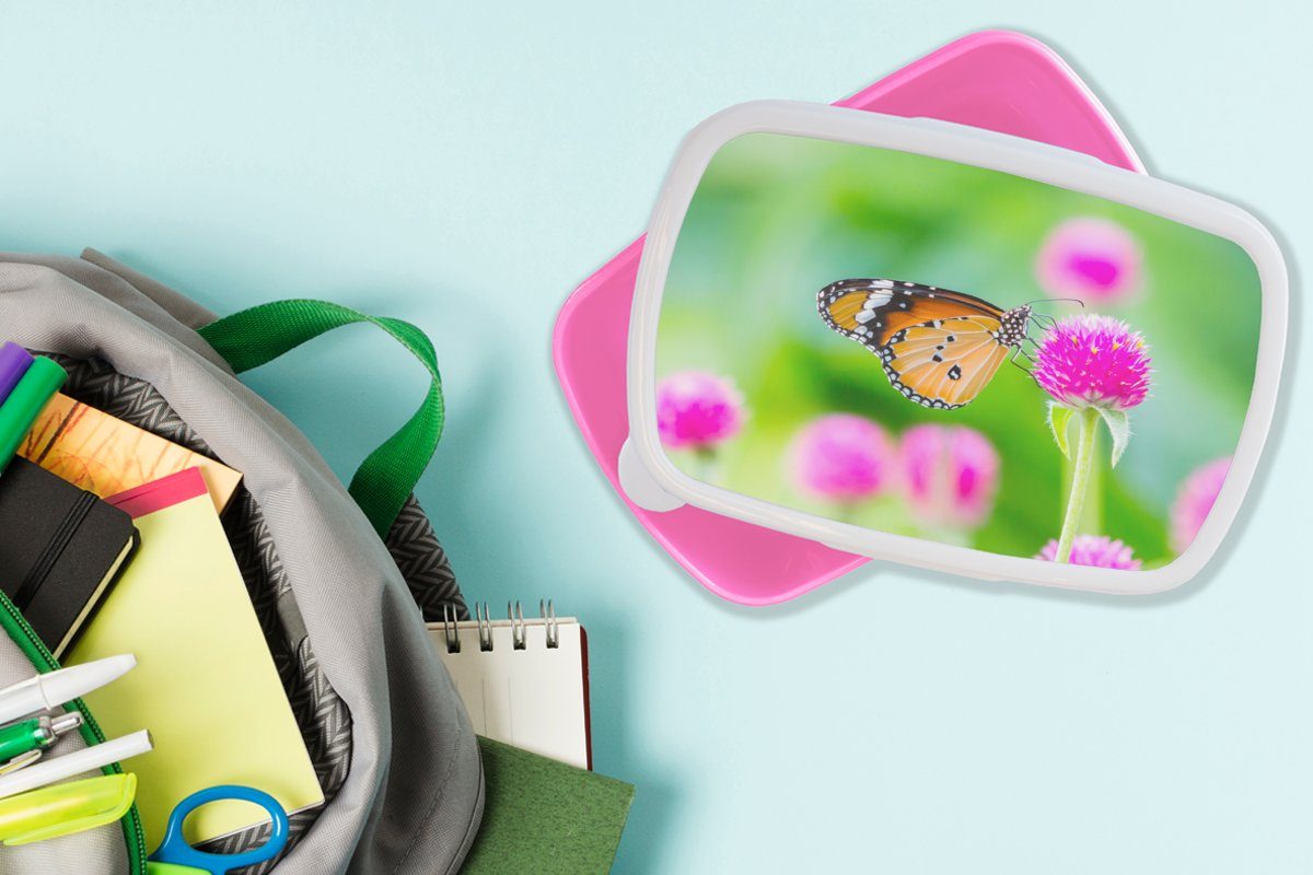 Distel Kunststoff MuchoWow rosa Schmetterling - Snackbox, Kunststoff, - Brotdose Lunchbox Kinder, Mädchen, (2-tlg), - Brotbox Erwachsene, für Blume, Landleben