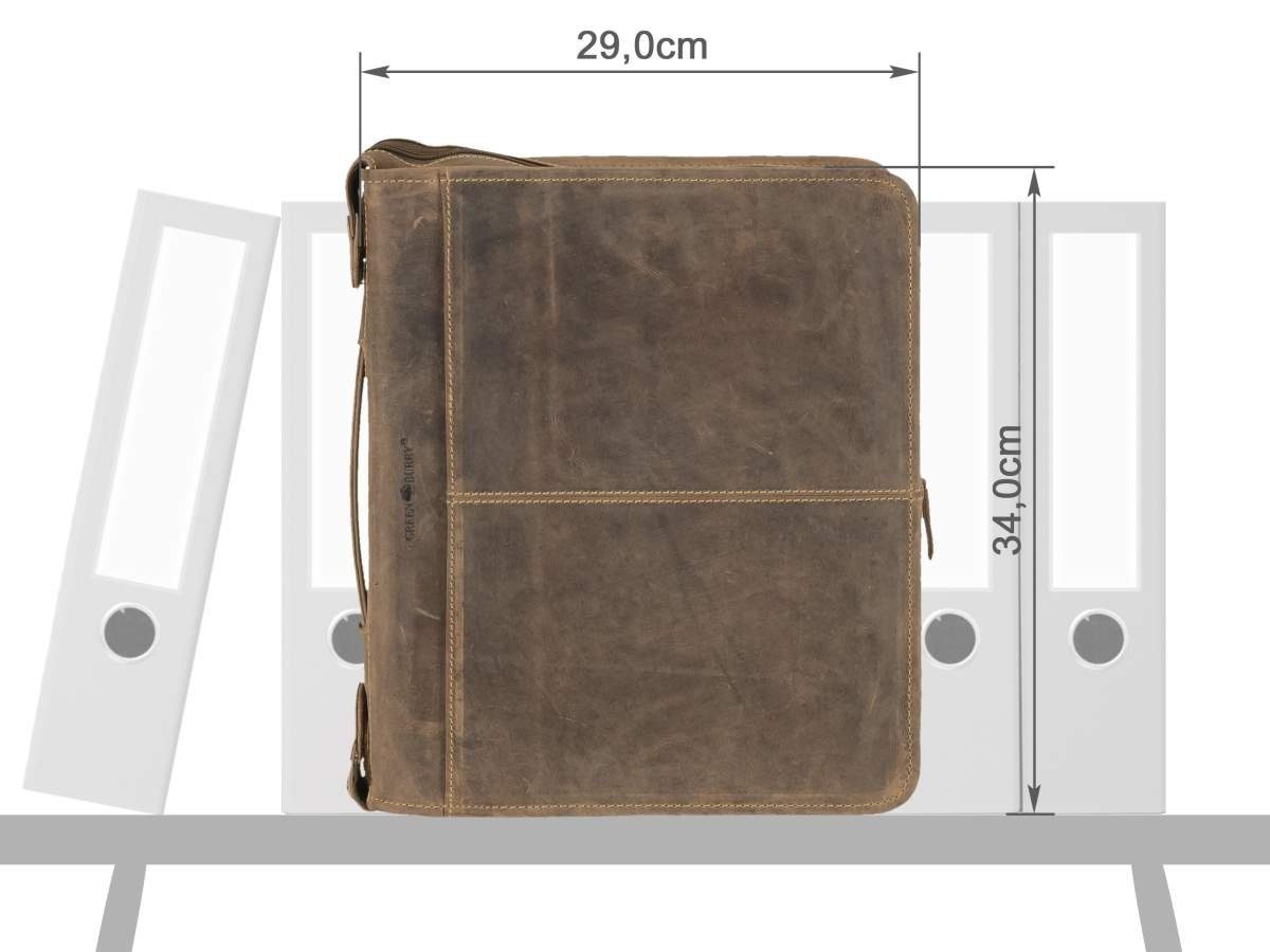 Greenburry Schreibmappe "Vintage" Leder antikbraun Konferenzmappe 29x34x7cm, Business-Mappe, A4, große Ringmechanik, Reißverschluss, Tragegriff