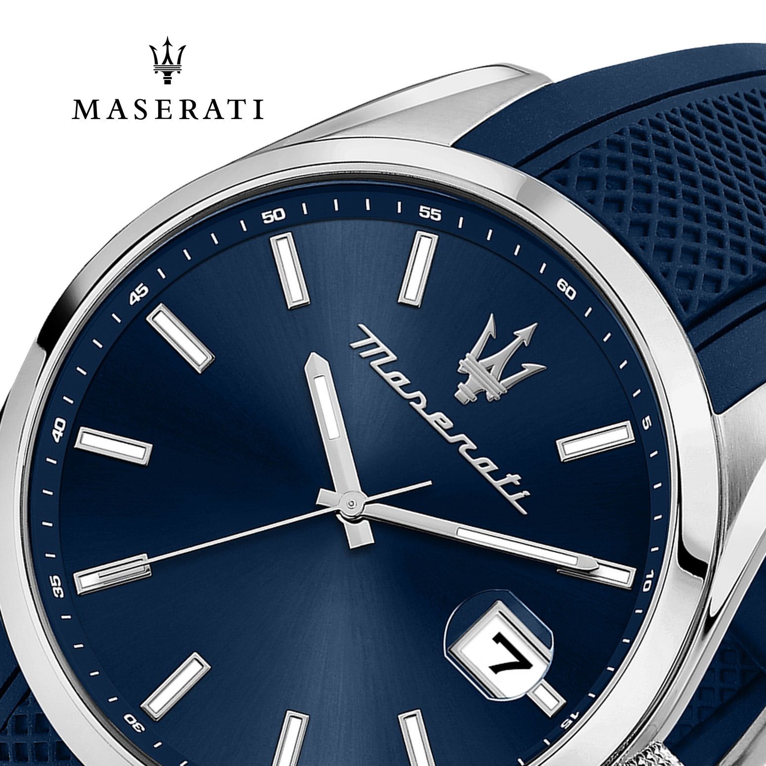 blau Maserati Herren Armband 43mm) (ca. Attrazione, groß rund, MASERATI Silikonarmband, Made-In Italy Quarzuhr Herrenuhr